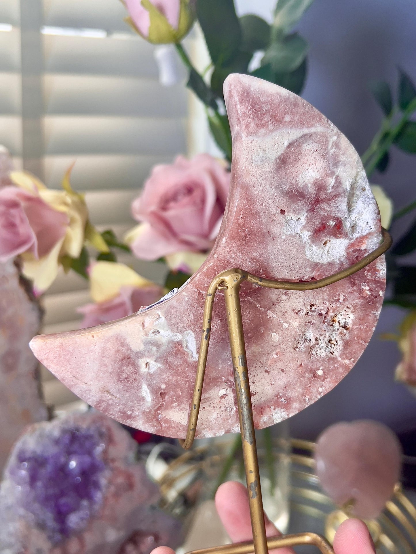 High grade, pink amethyst moon with red hematite, quartz druzy - stand is slightly scratched (see photos)