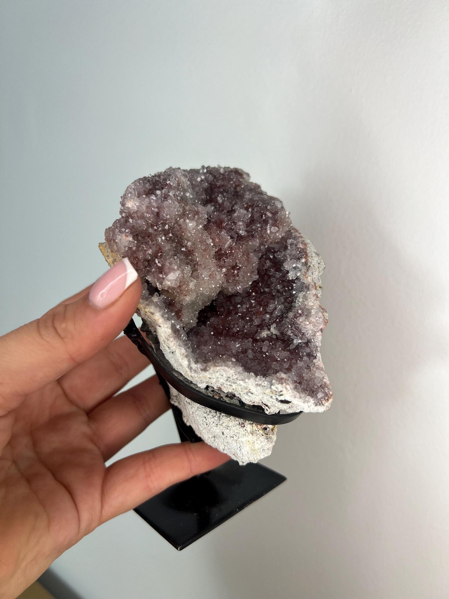 high grade, pink amethyst geode with red and pink toned sugar druzy stand