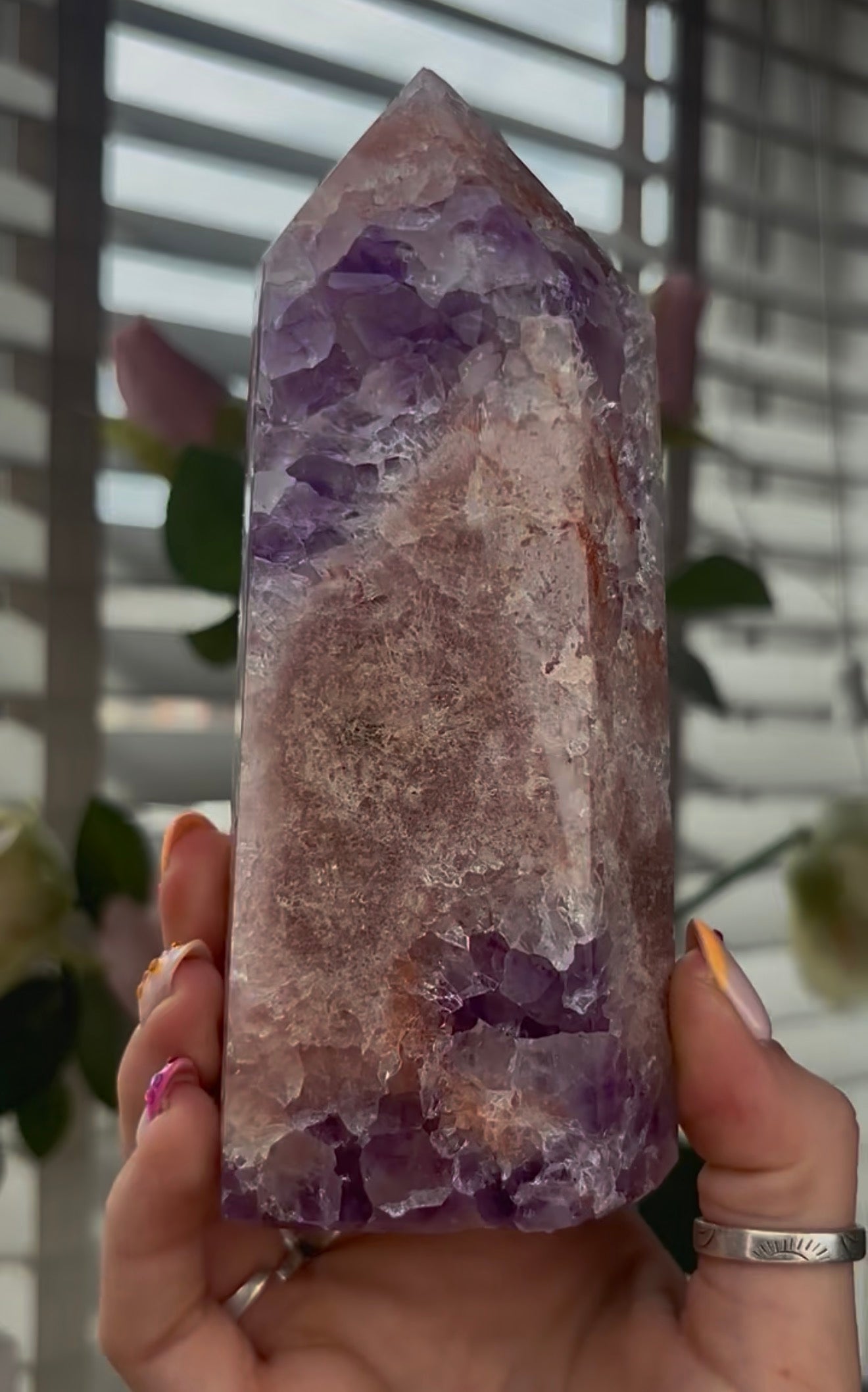 Beautiful, large, high quality, Pink amethyst tower with purple quartz