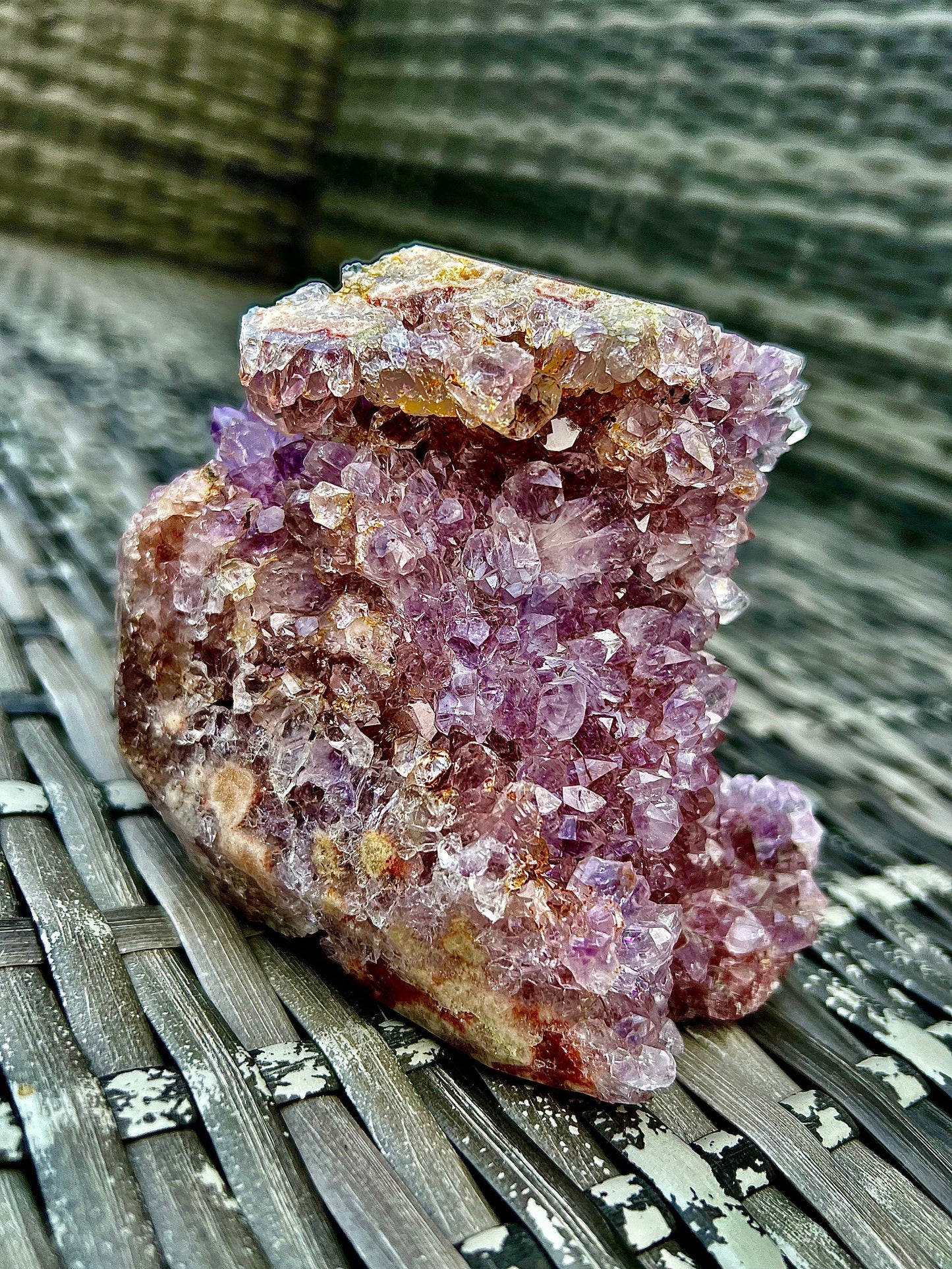 Super sparkly, bright, amethyst x flower agate freeform, flame 633g 10cm(h) 12cm (w)