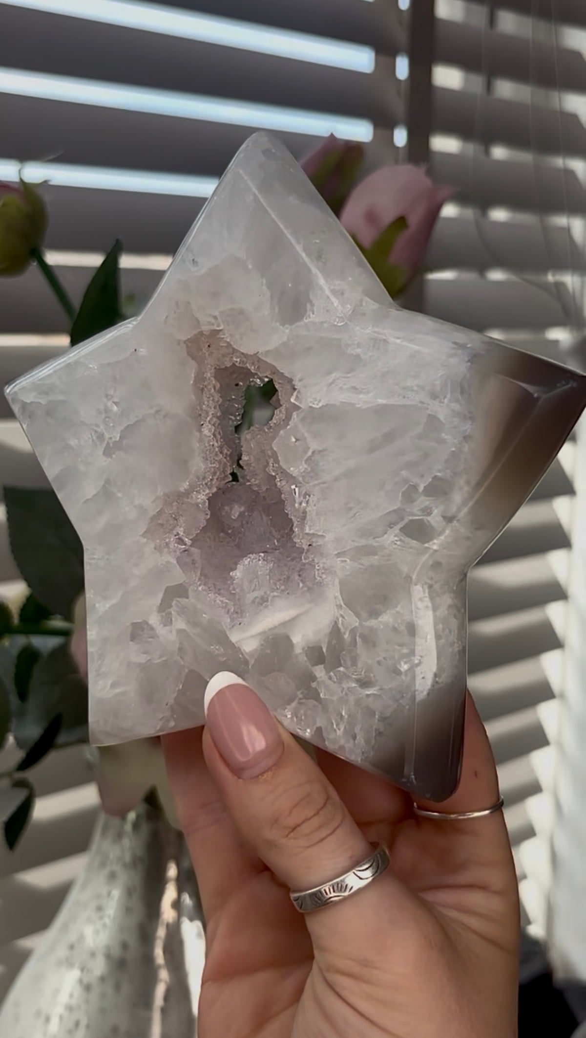 Beautiful, large, high grade, agate star with druzy - comes with stand