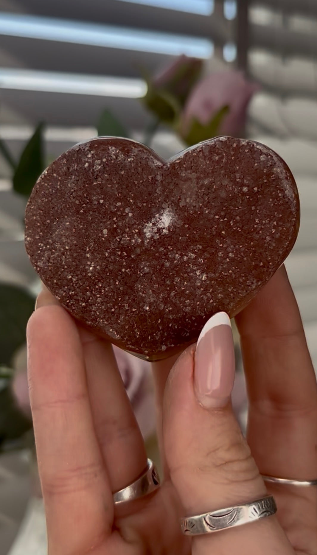 Uruguay, rainbow amethyst heart In rust tones - comes with stand