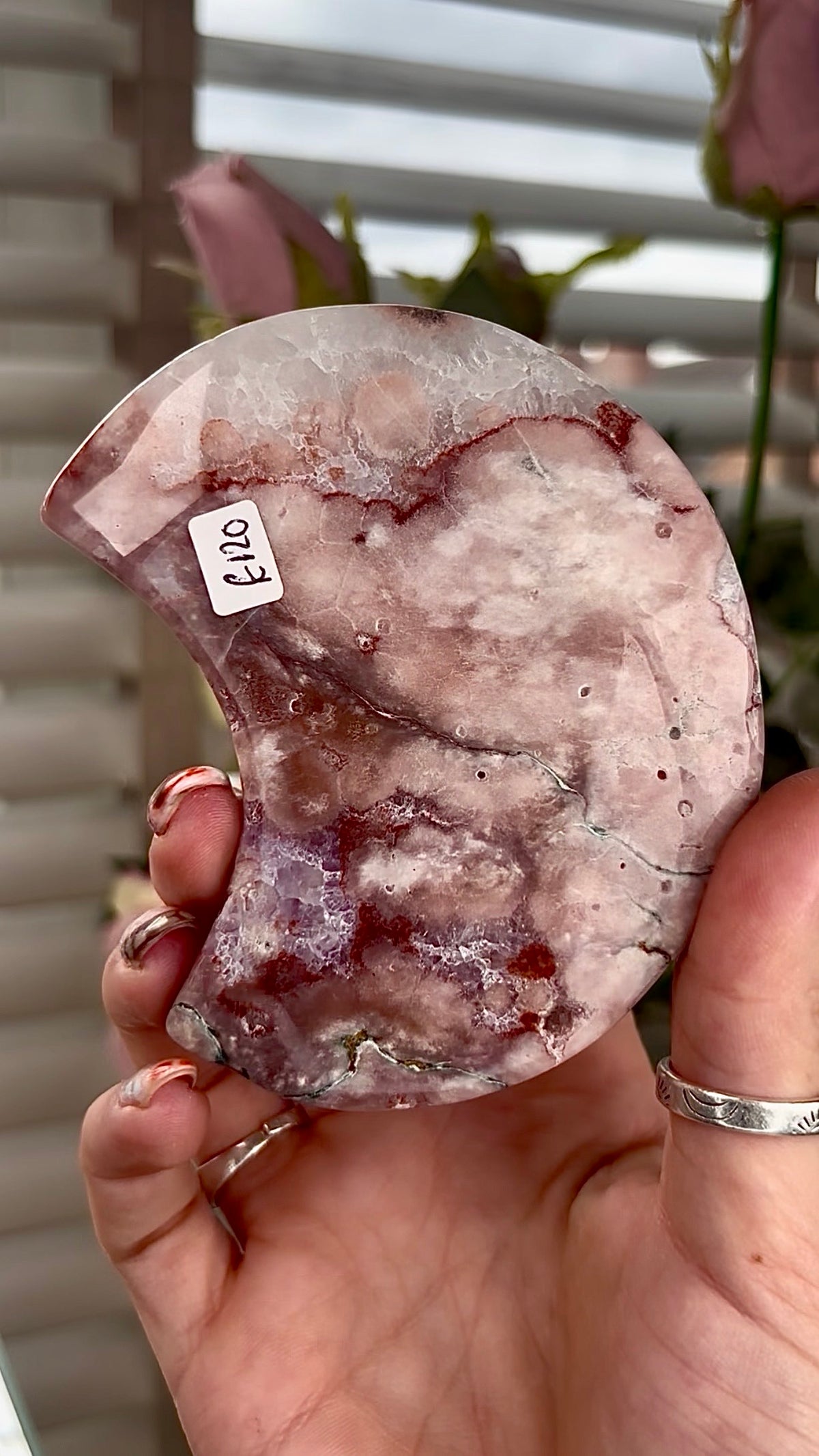 High grade, amethyst Flower agate moon with high clarity quartz