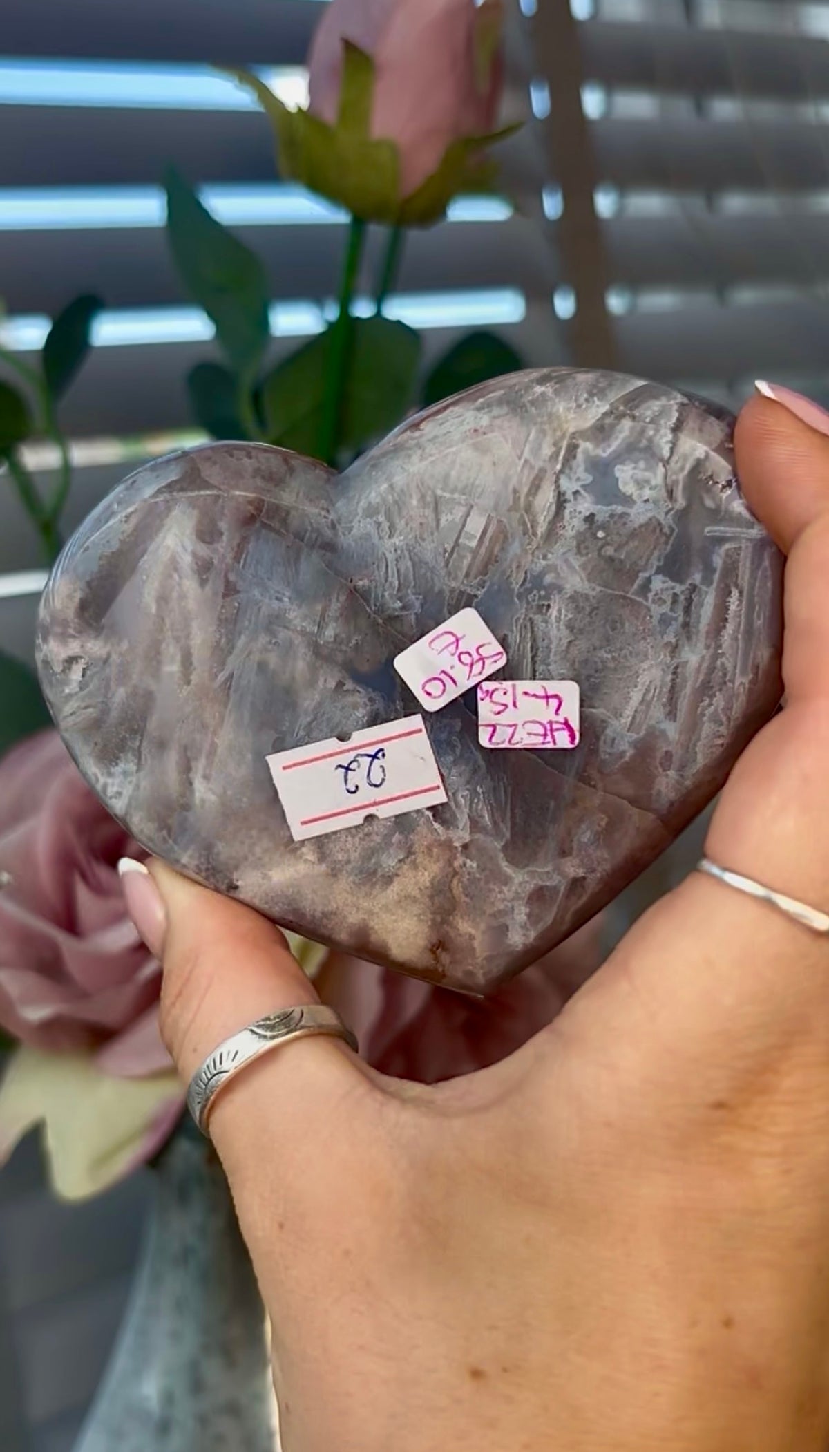 Gorgeous, druzy, golden pink amethyst heart with rutile back -comes with stand