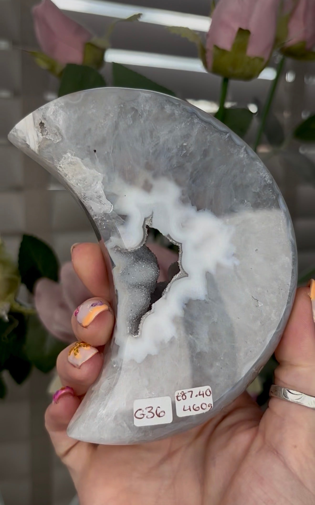 Beautiful, high quality, agate moon with druzy - stand included