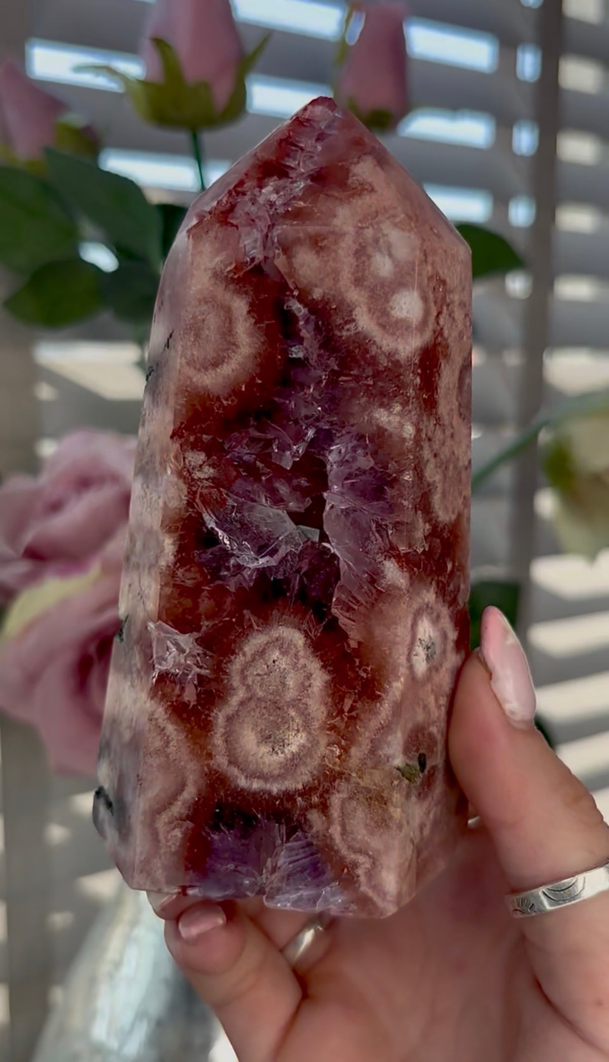 Beautiful, high quality, Pink amethyst tower with red tones & purple quartz 12.8cm