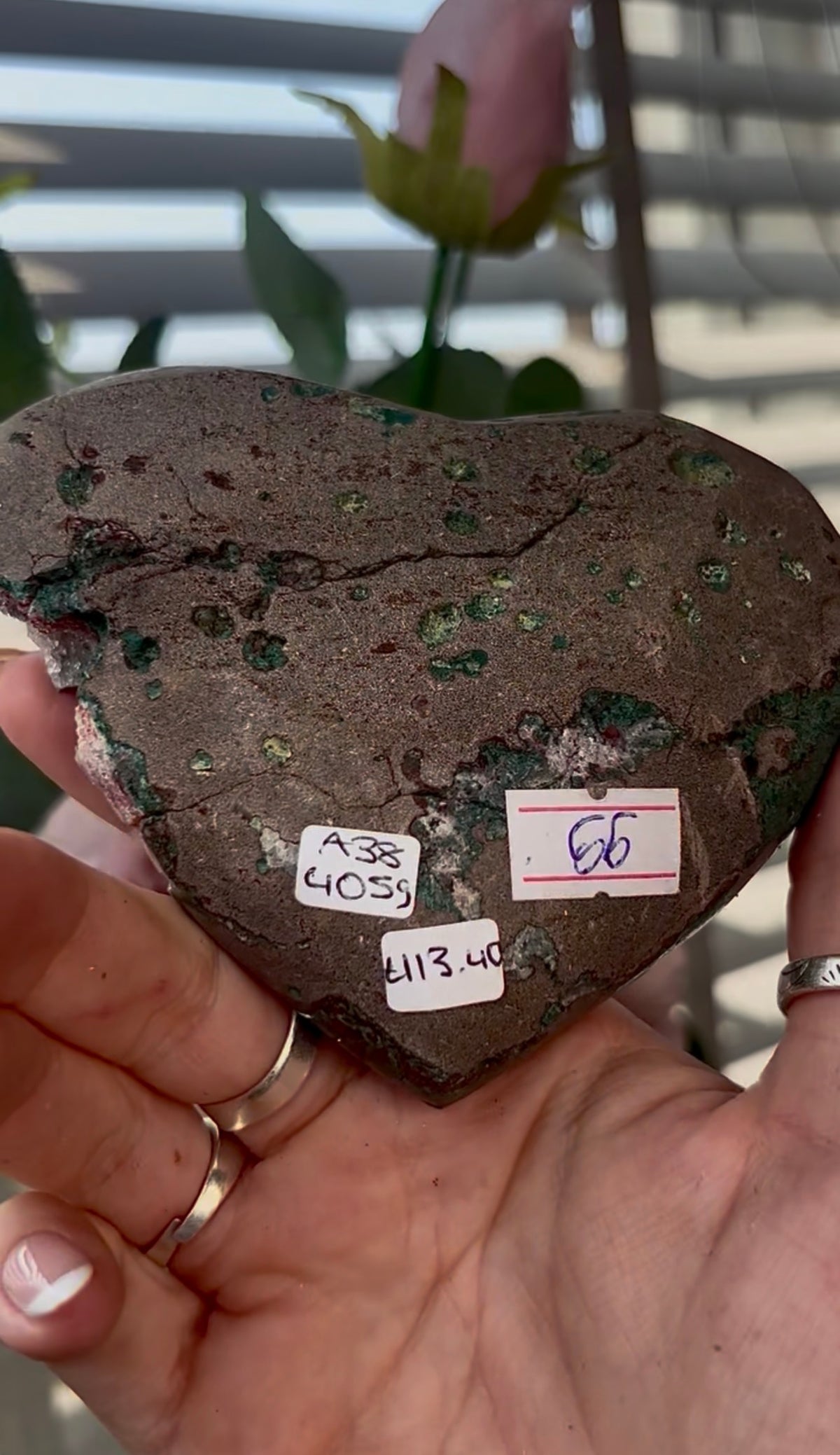 Gorgeous, high quality, pink amethyst heart with Jasper - comes with stand