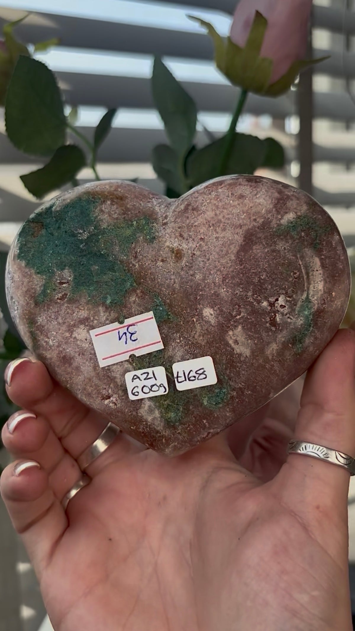 Gorgeous, high quality, pink amethyst heart with Jasper - comes with stand (