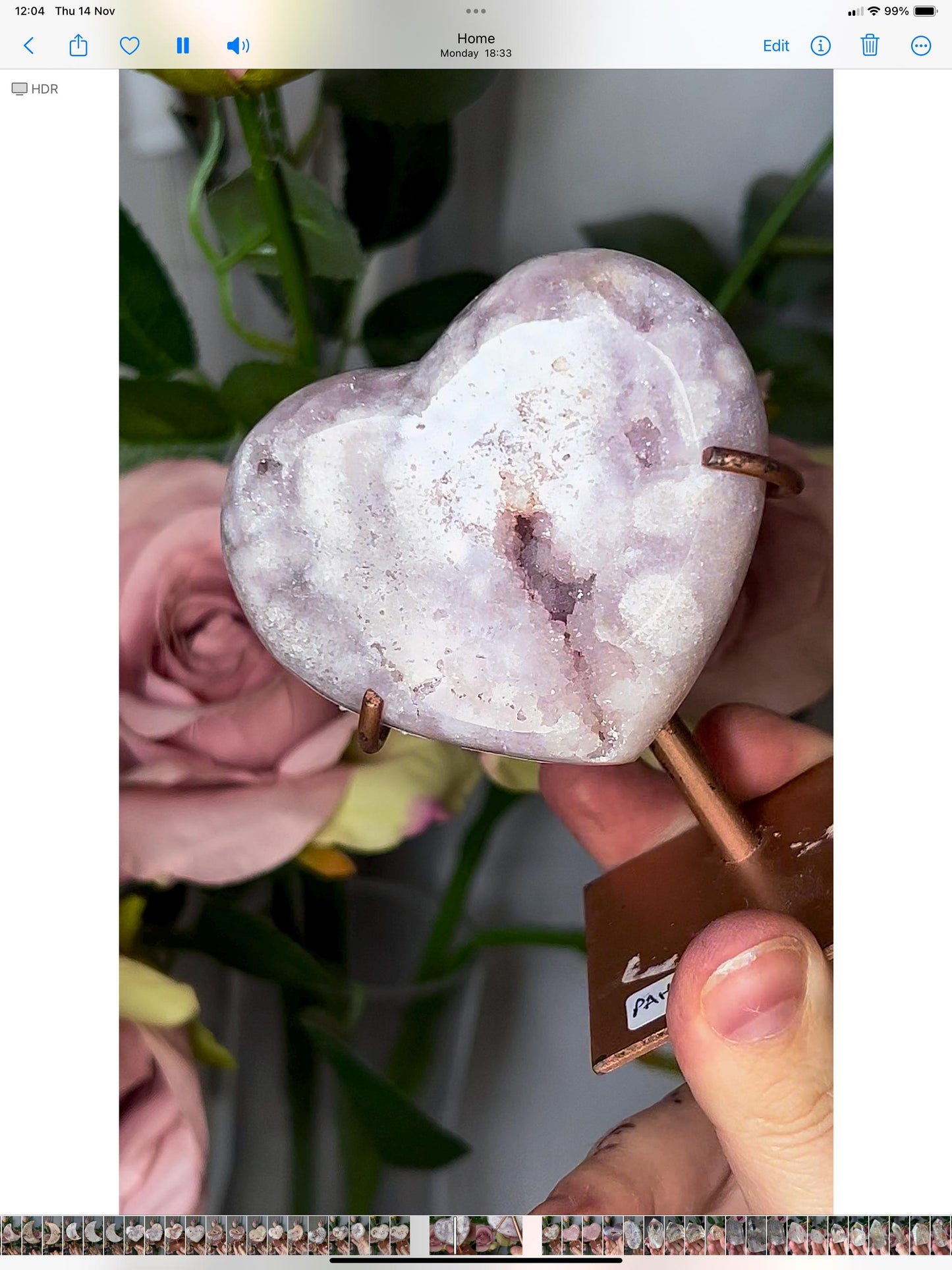 Beautiful, lilac, pink amethyst heart in with sugar druze, on stand which has scratches but can be repainted easily