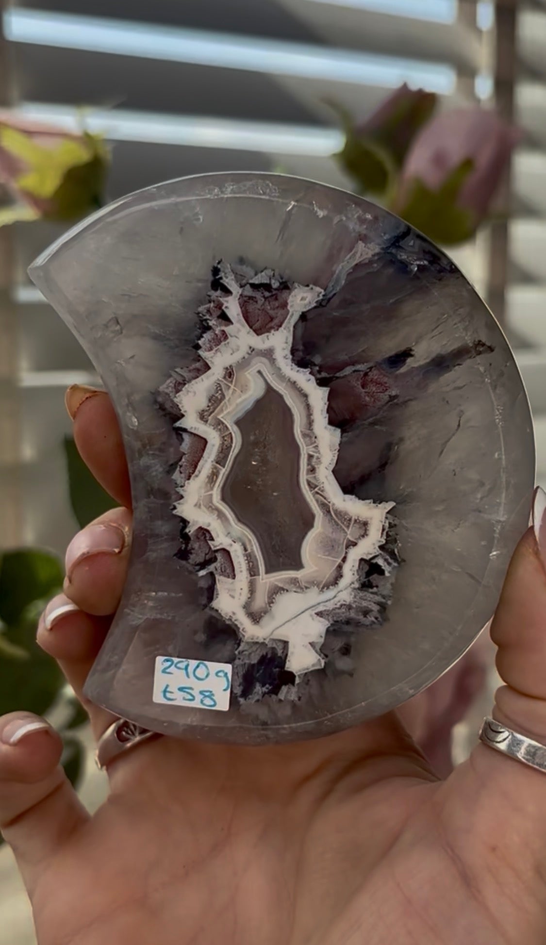 Beautiful, high grade, agate moon with druzy - comes with stand