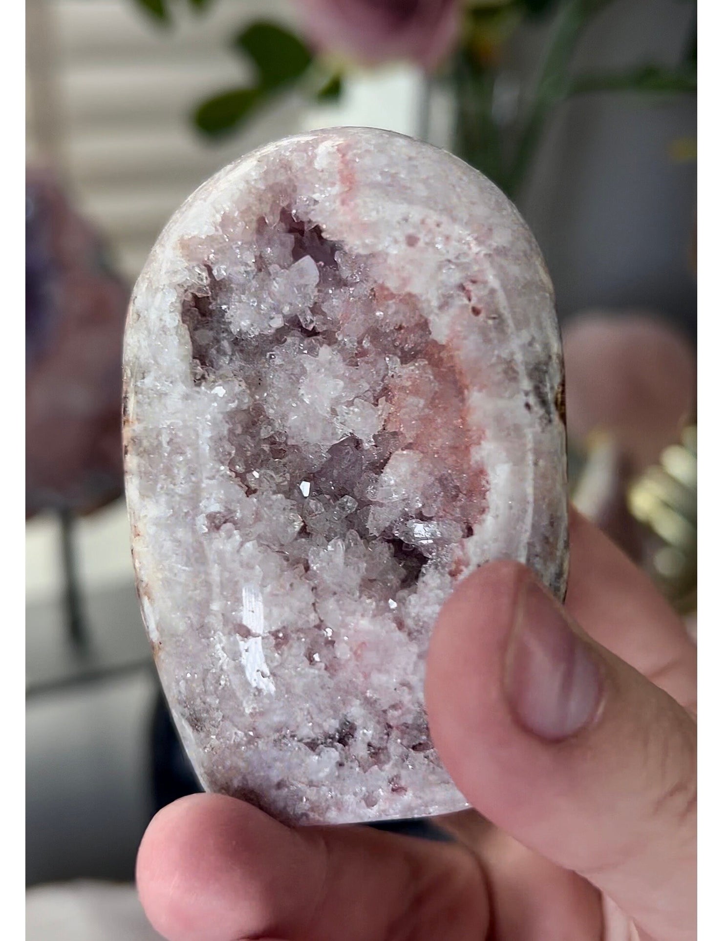 pink amethyst freeform with high clarity quartz & sugar druzy