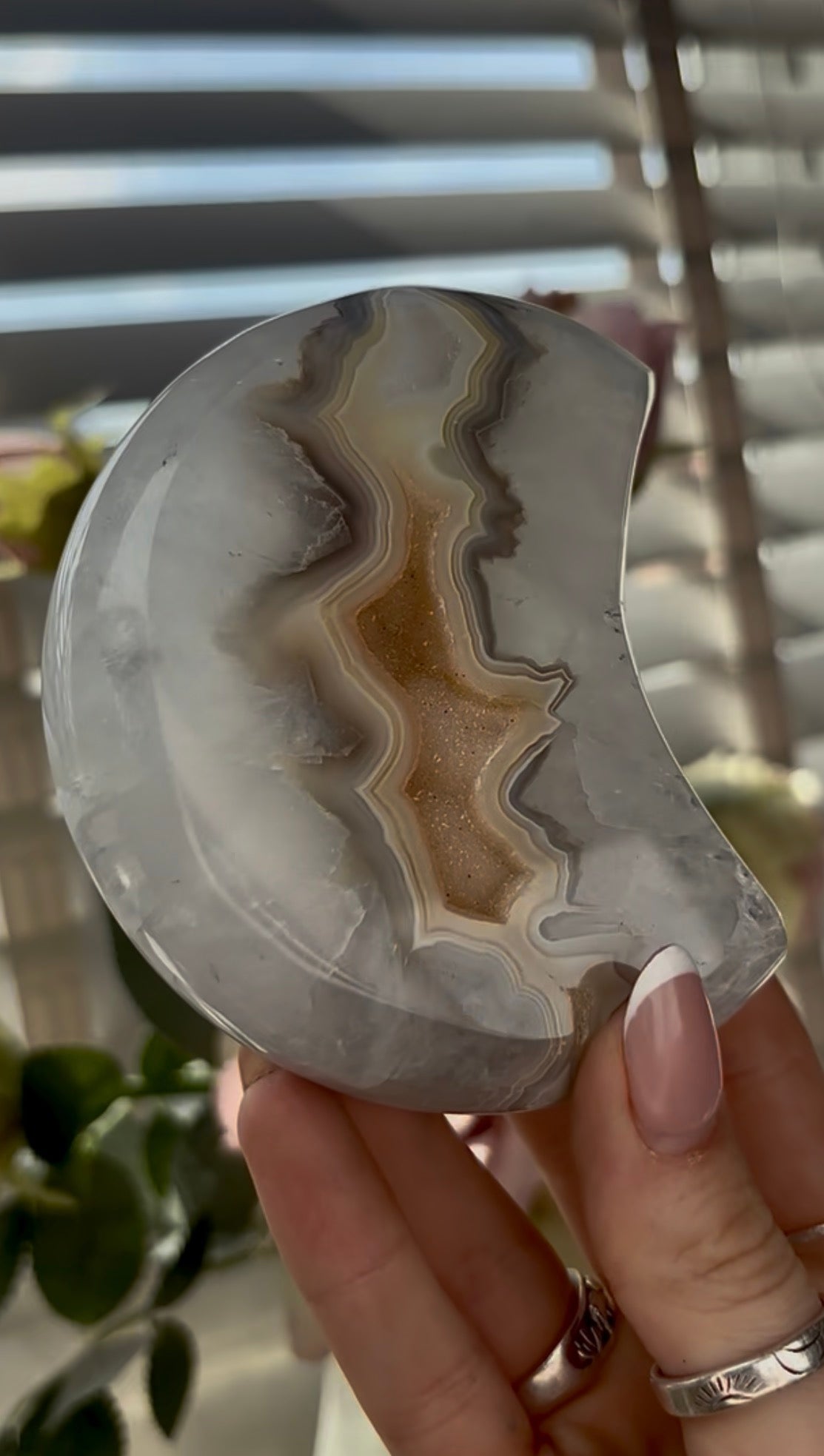 Beautiful, high grade, agate moon with druzy - comes with stand
