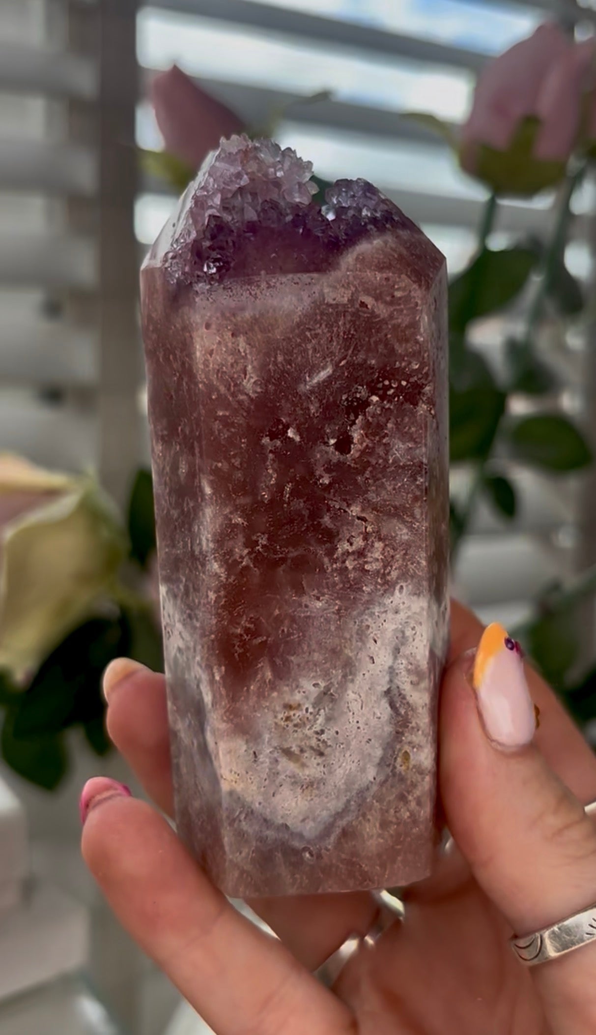 Pink amethyst tower with druzy
