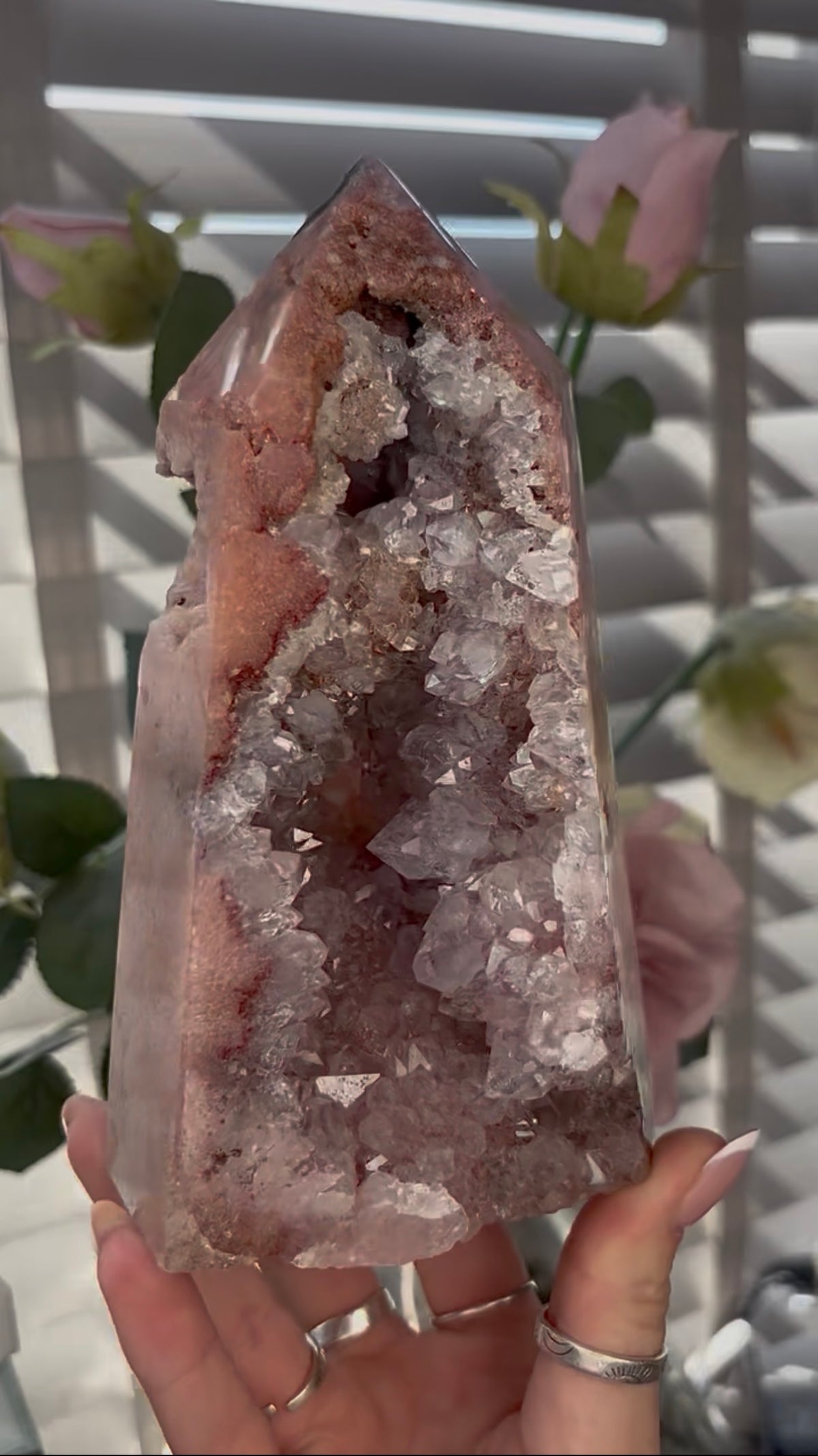 Beautiful, huge, chunky Pink amethyst tower with quartz teeth 16.5cm(h) by 9.4cm(w)