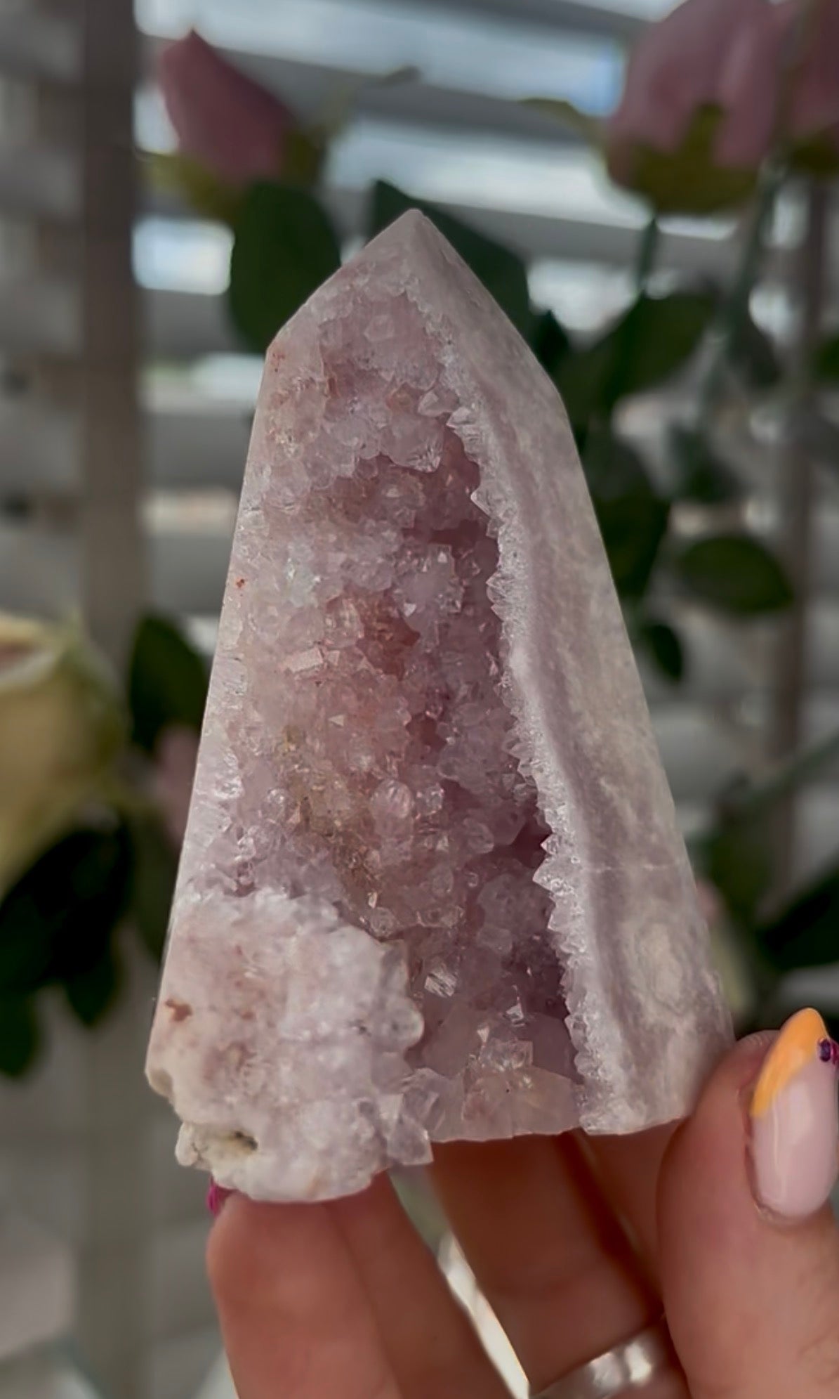 Pretty, baby Pink amethyst tower with Druzy