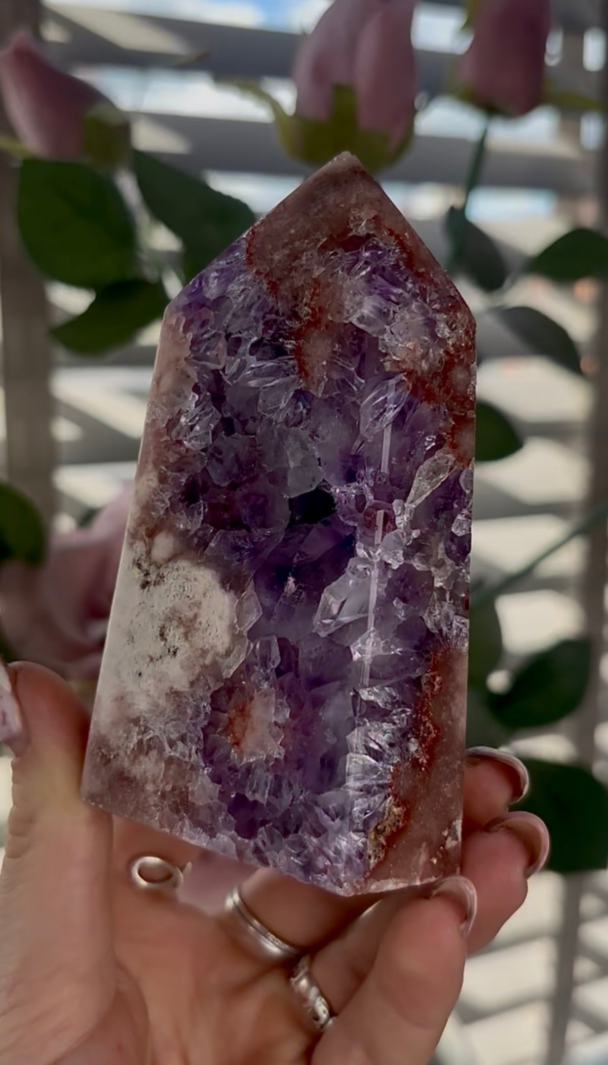 Beautiful, high quality, Pink amethyst tower with purple quartz