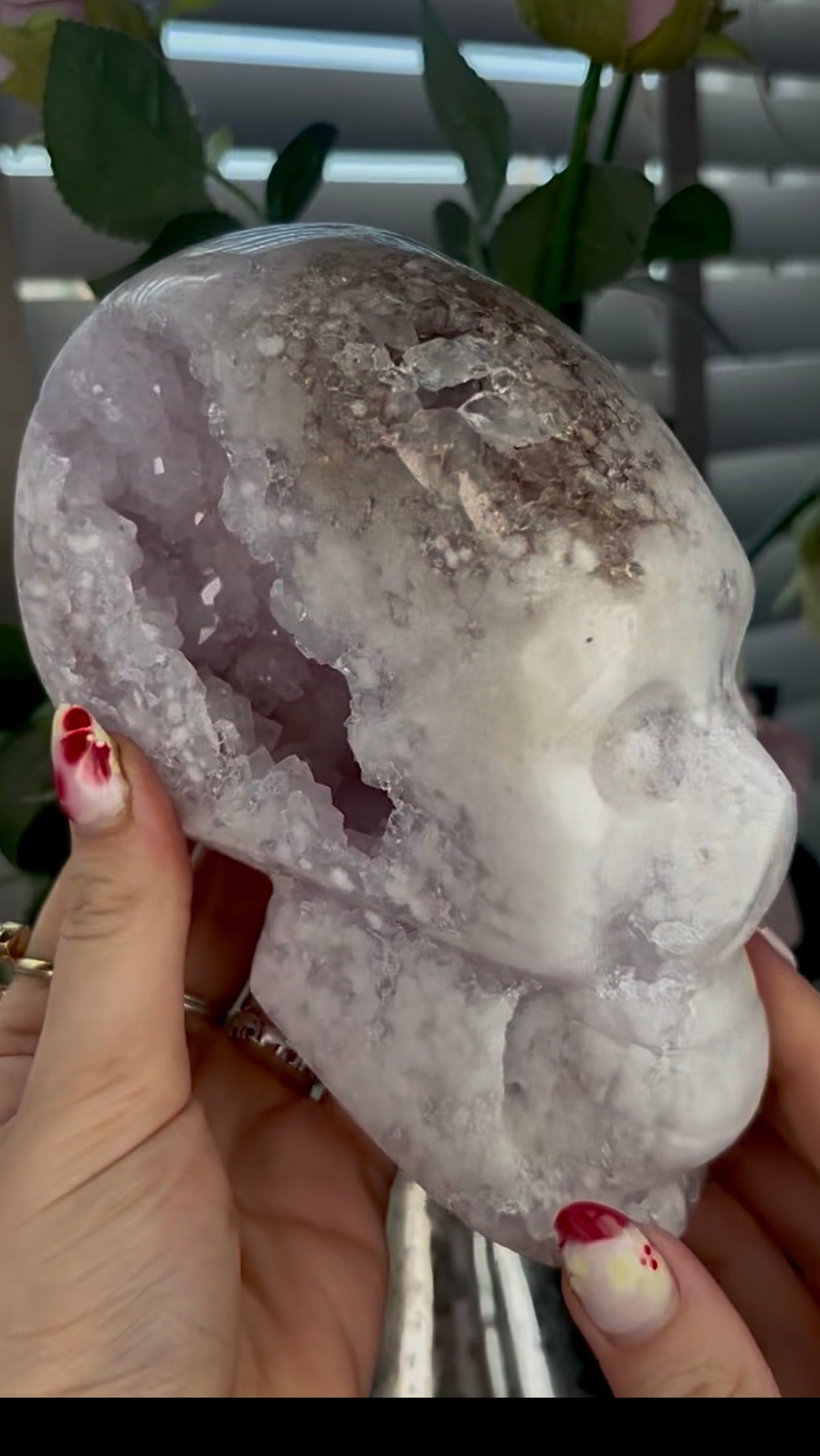 High grade, pink amethyst skull carving with chunky druzy