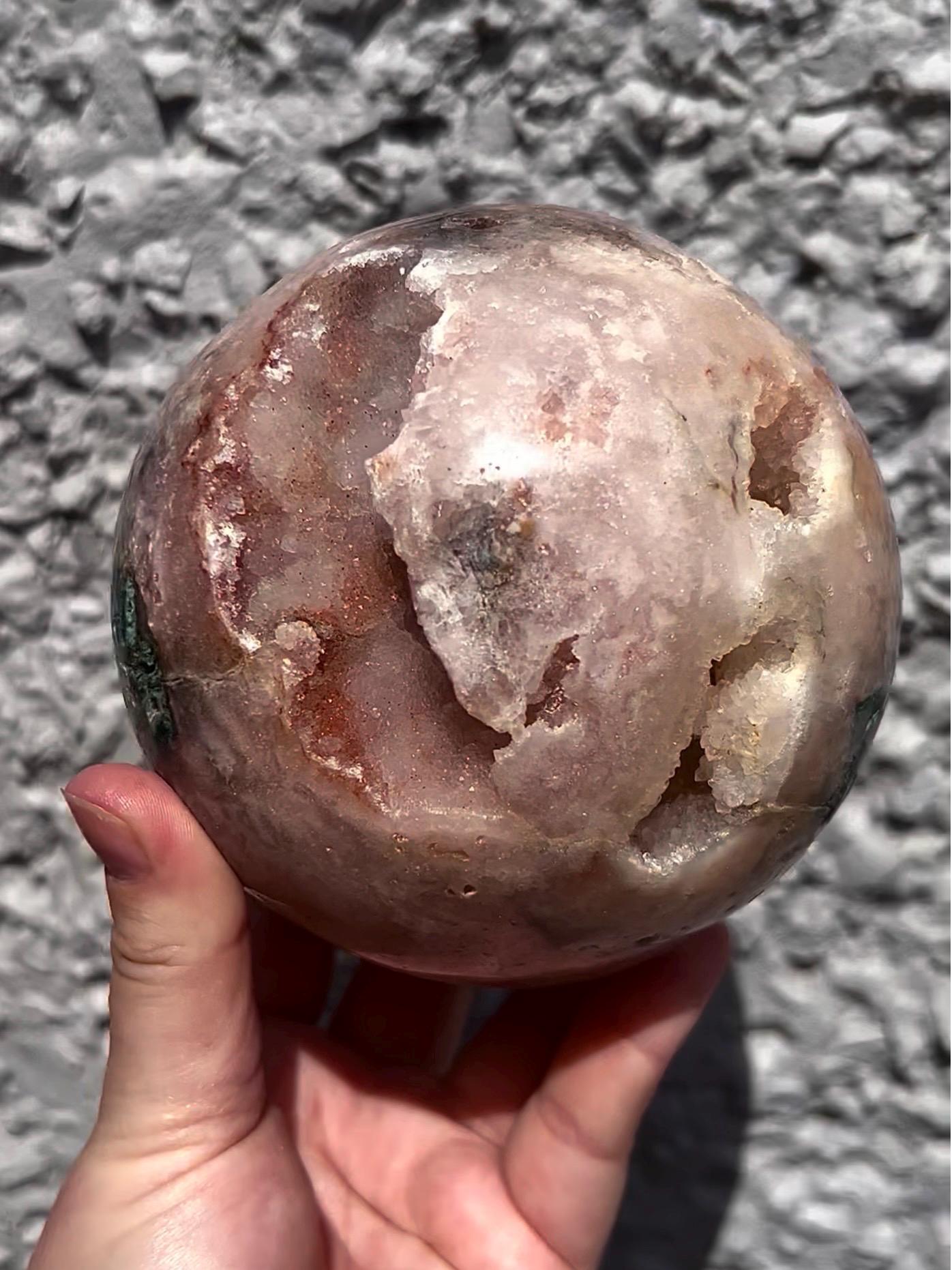 large, statement, pink amethyst sphere, with sugar druzy and jasper 1.626kg