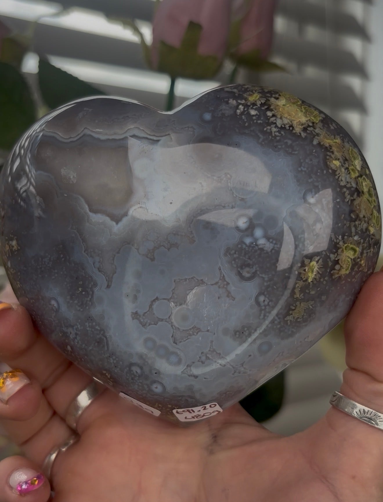 Beautiful, high quality, blue banded agate heart with druzy - stand included