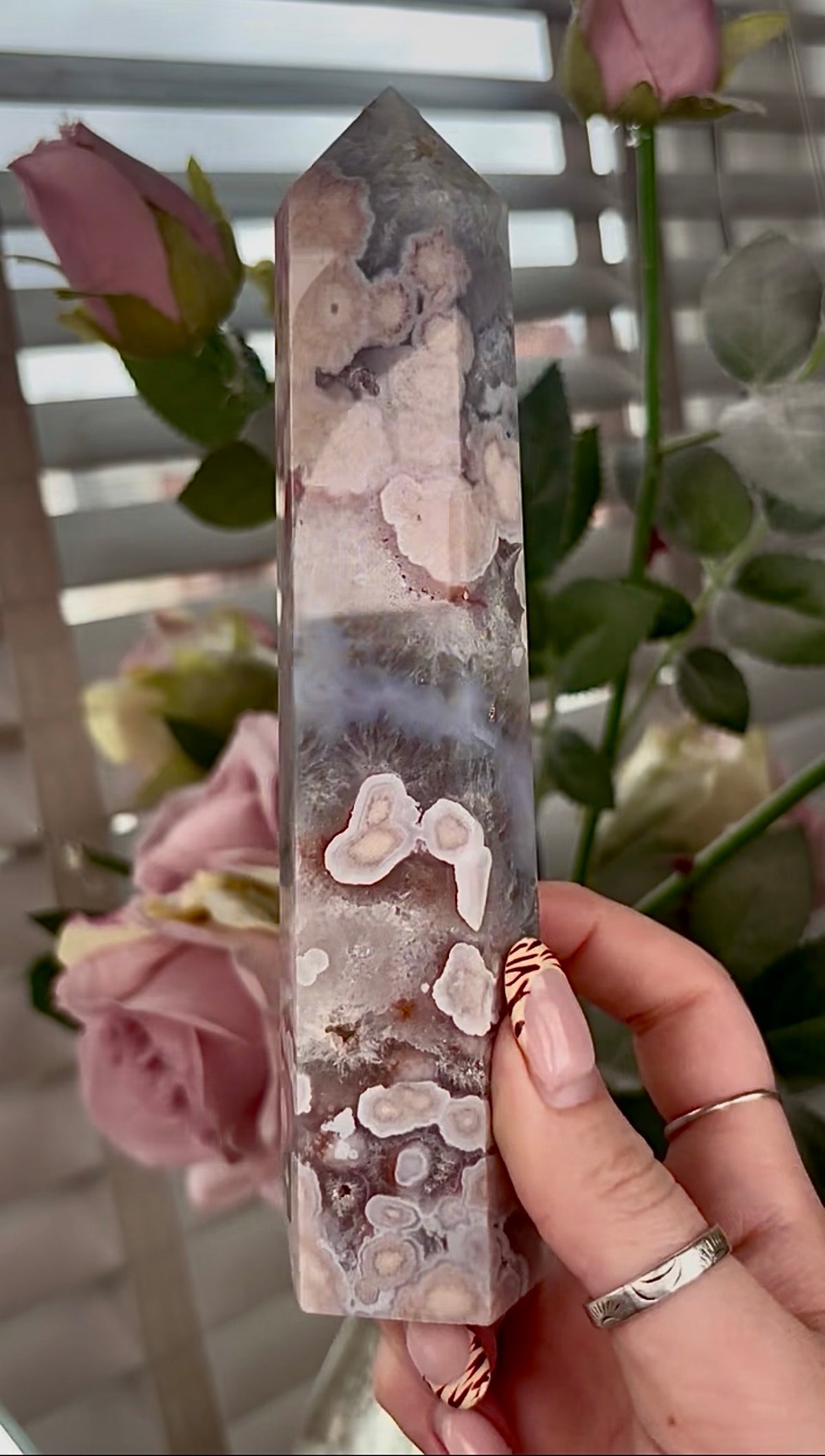 Stunning!! Super high quality, Druzy, green chlorite x blue flower agate tower