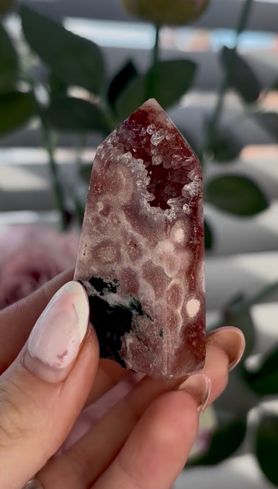 Beautiful, high quality, mini Pink amethyst tower with red hematite & Green jasper