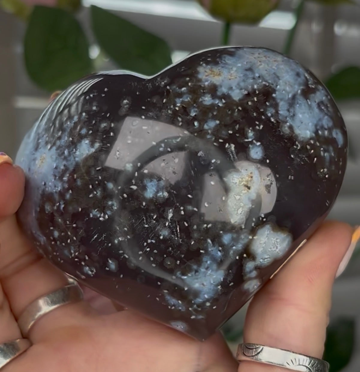 Beautiful, high grade, blue agate heart with druzy - comes with stand