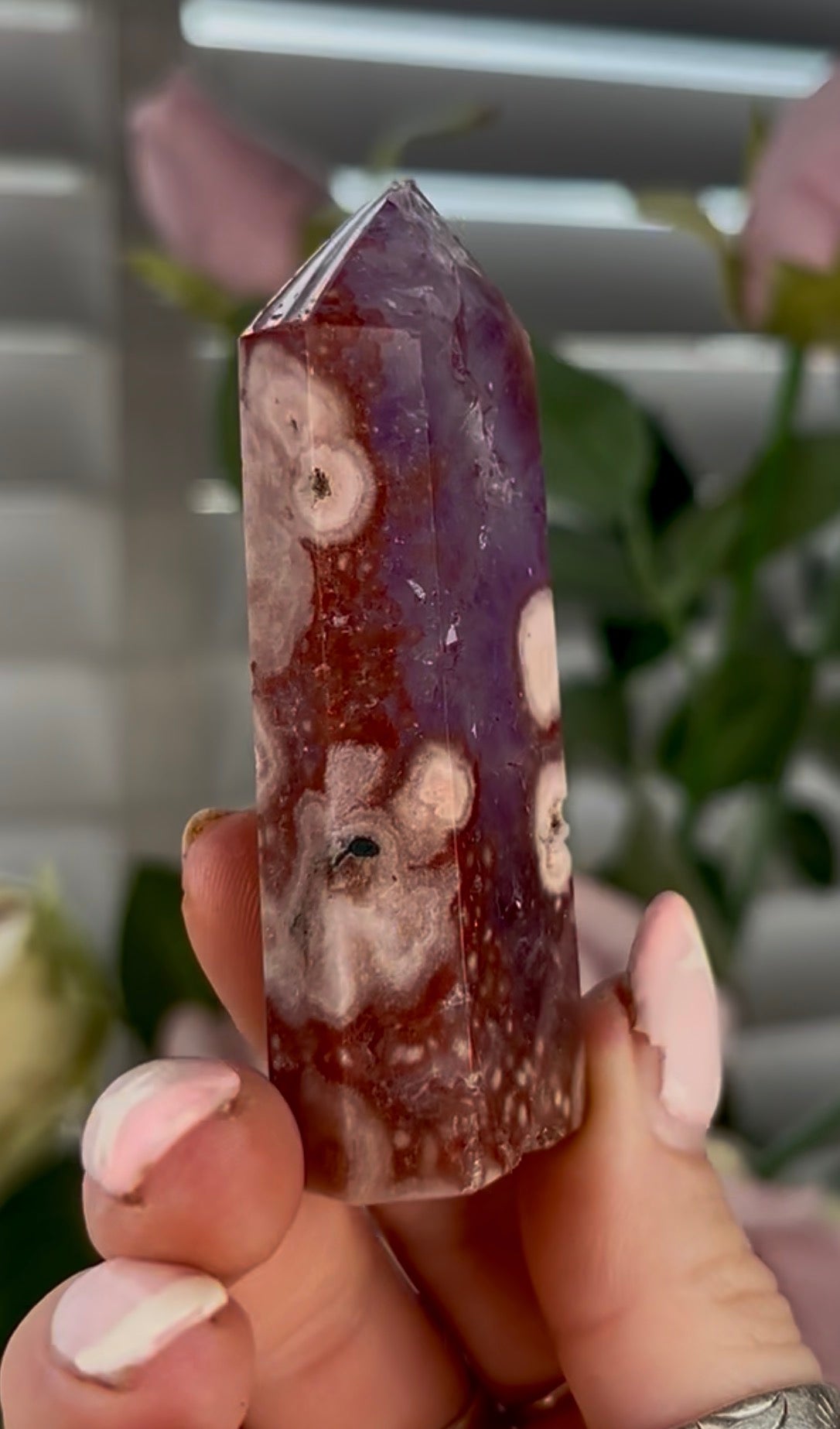 Beautiful, high quality, Pink amethyst tower with purple quartz & red hematite - 7.7cm by3cm
