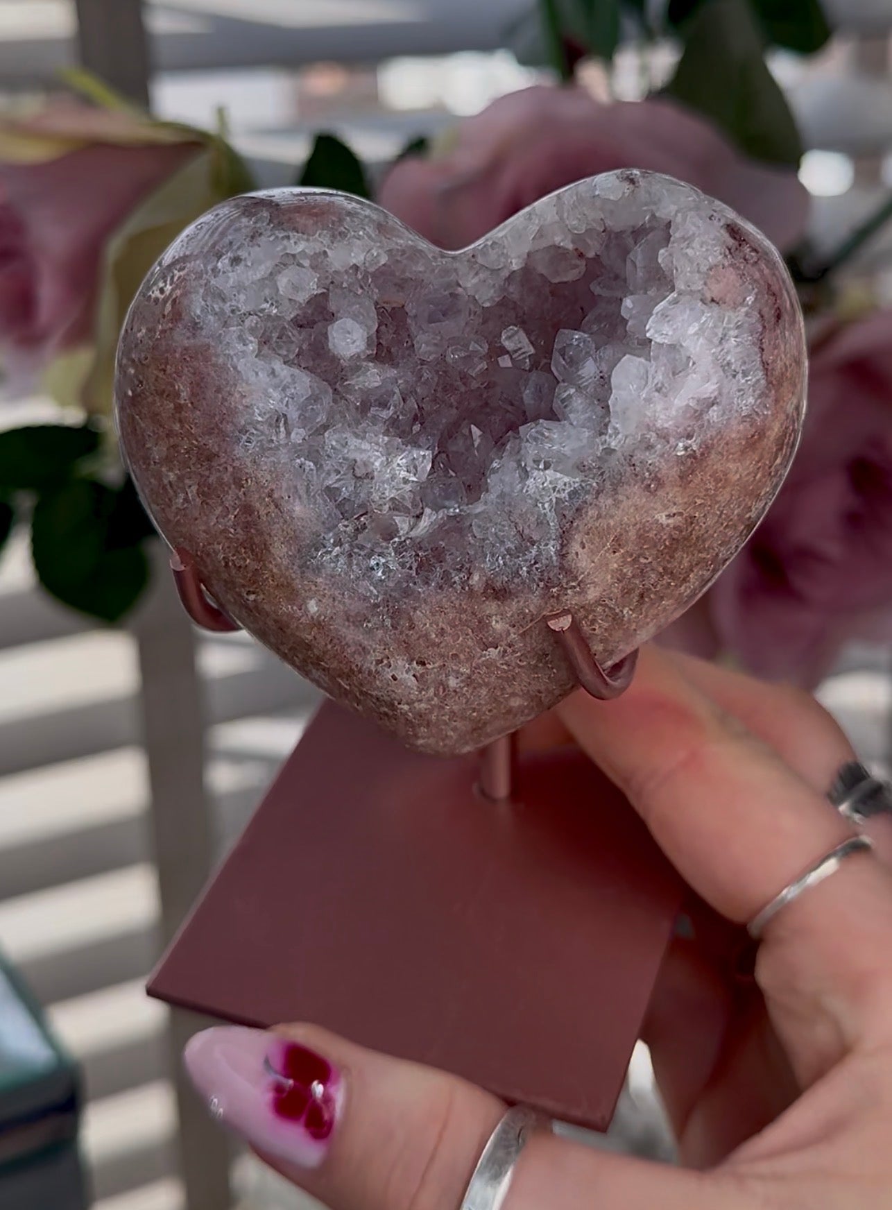 Hq pink amethyst heart with druzy - comes with stand