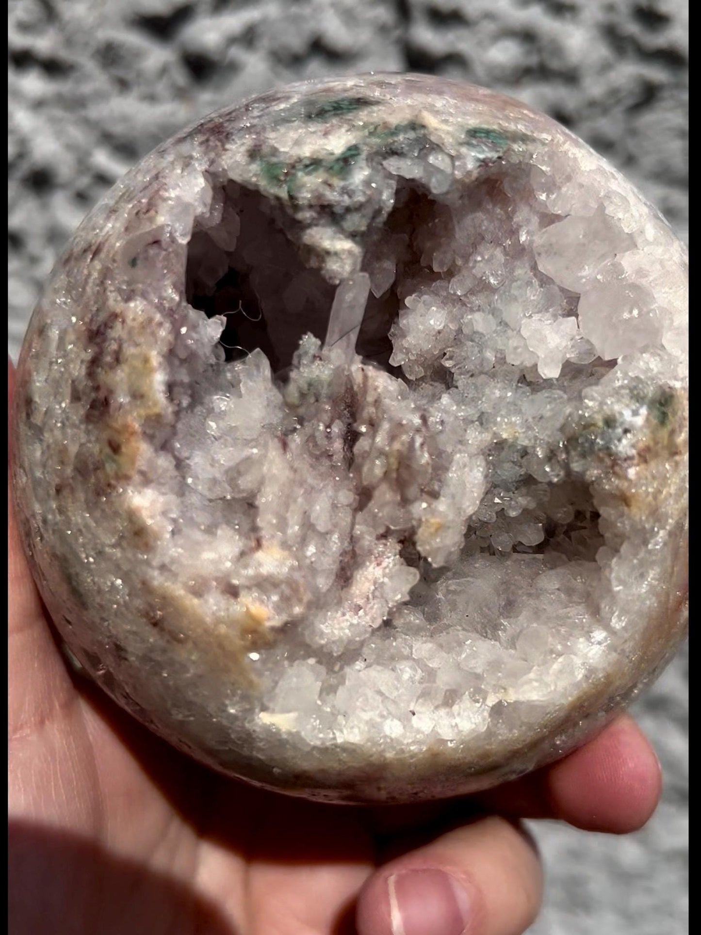 large, statement pink amethyst sphere with purple quartz ,jasper & sugar druzy with amazing quartz points
