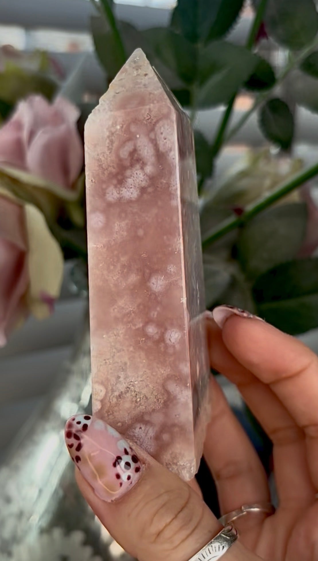 Pink amethyst Flower agate tower with quartz