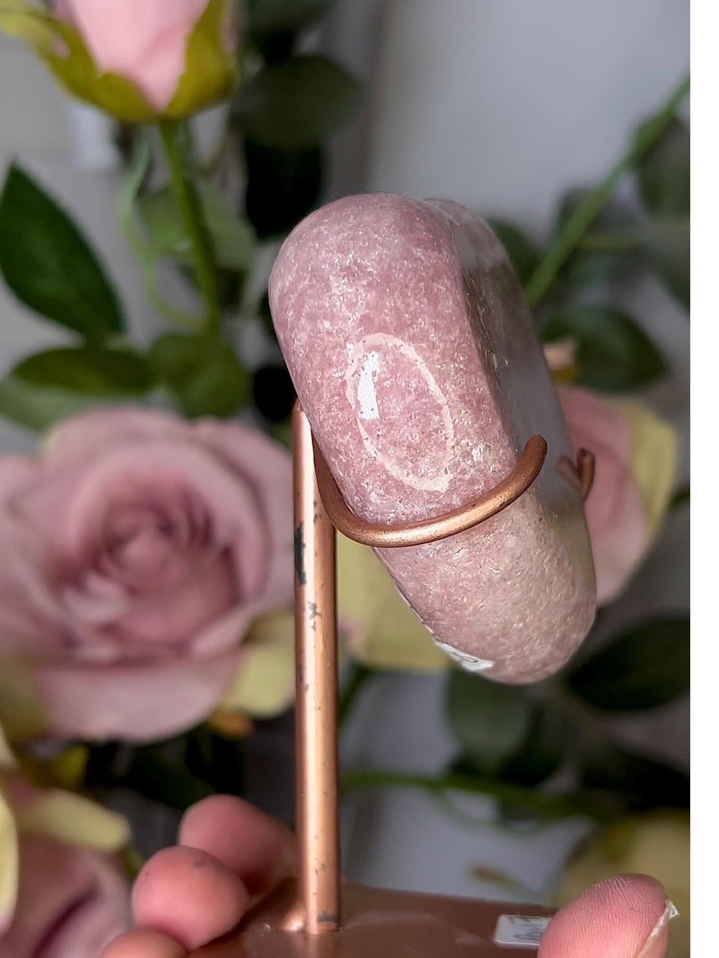 High grade, perfect pink amethyst heart on stand which may be scratched but can easily be repainted