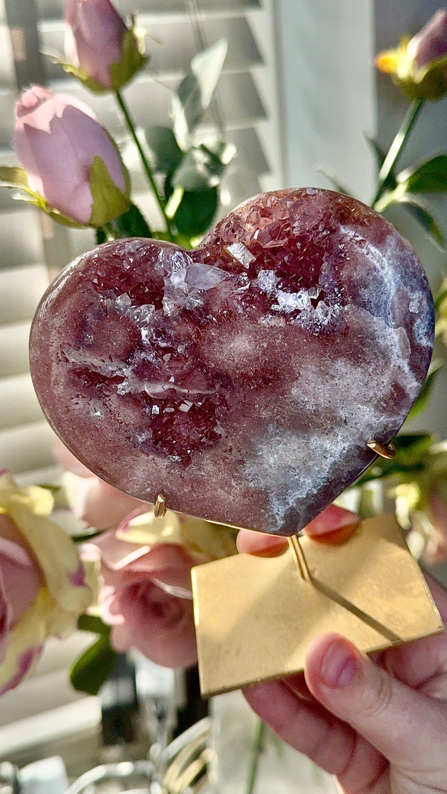 Hq pink amethyst heart in red tones - comes with stand