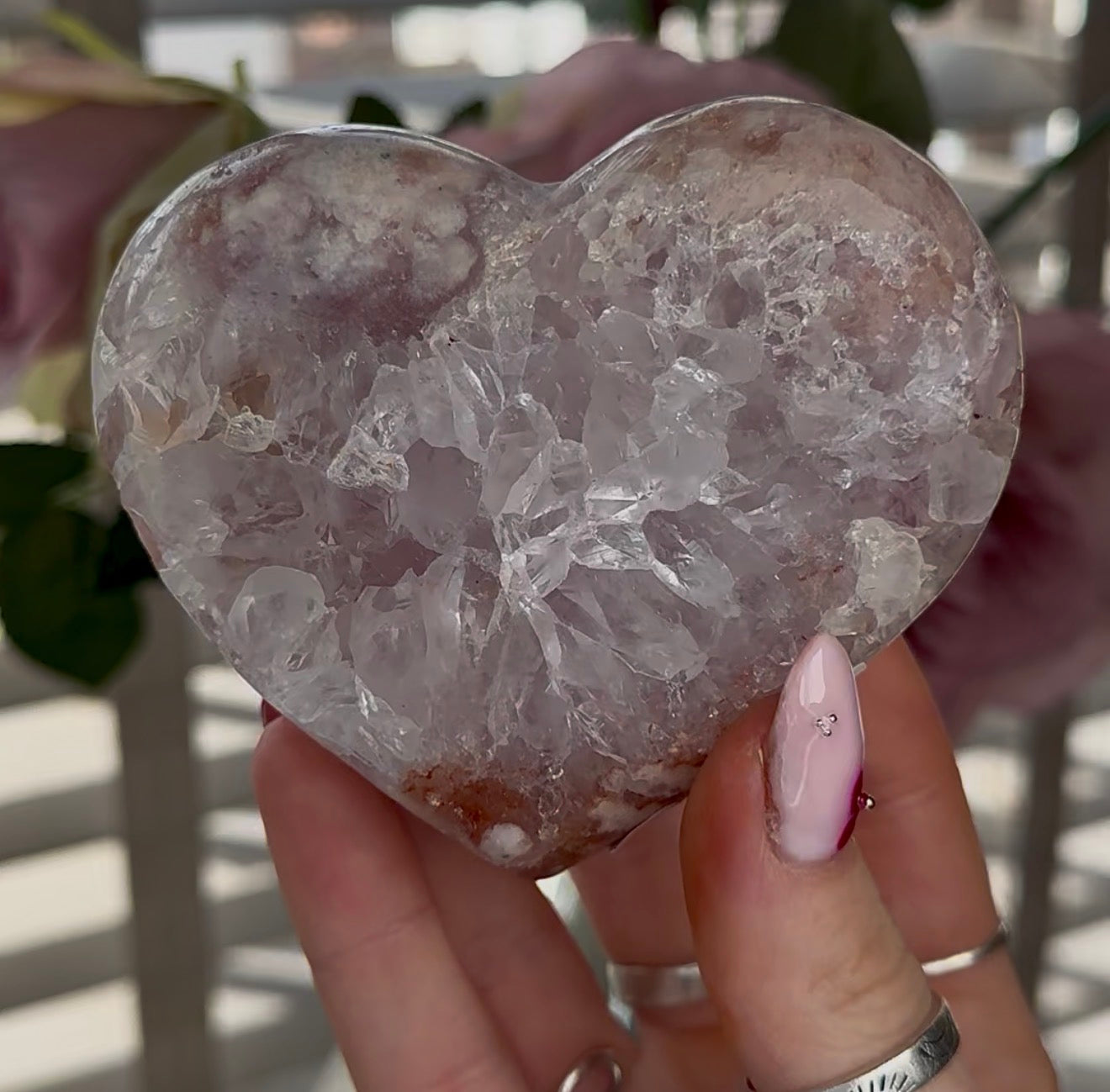 Hq pink amethyst heart with quartz - comes with stand