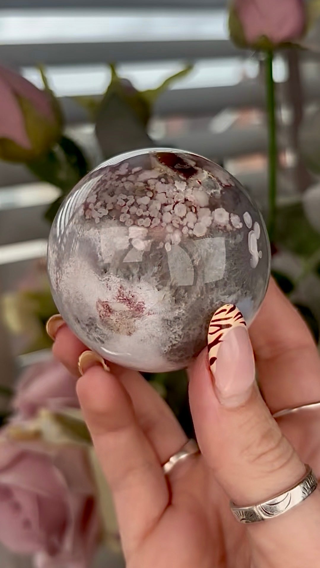 Stunning!! Super high quality, Druzy, green chlorite x blue flower agate sphere