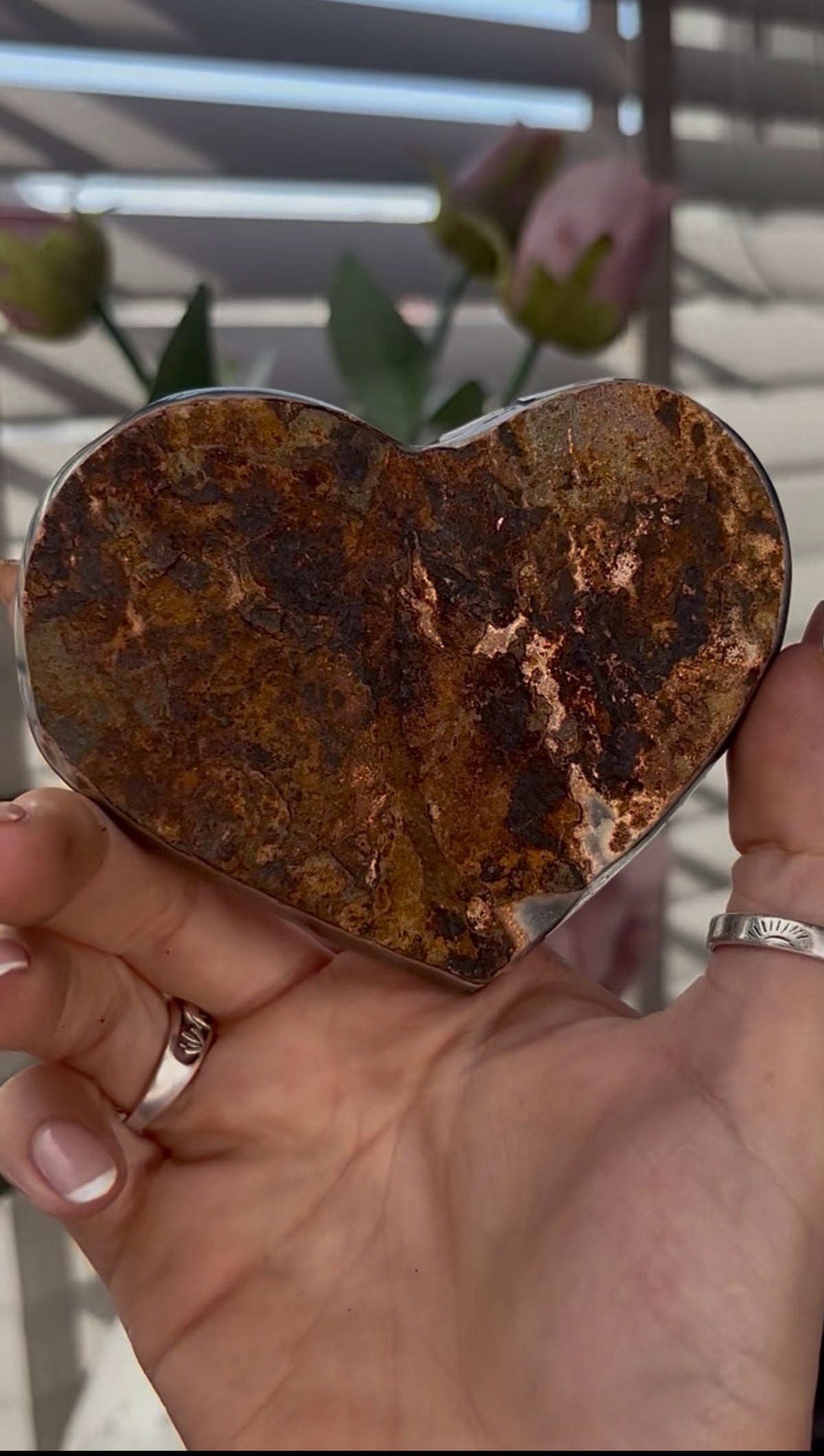 Uruguay, rainbow amethyst heart in rusty tone - comes with stand