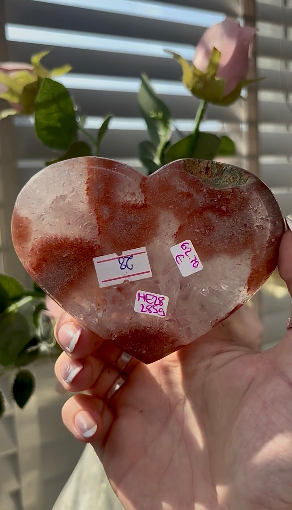 Gorgeous, high quality, berry red, pink amethyst heart with quartz- comes with stand