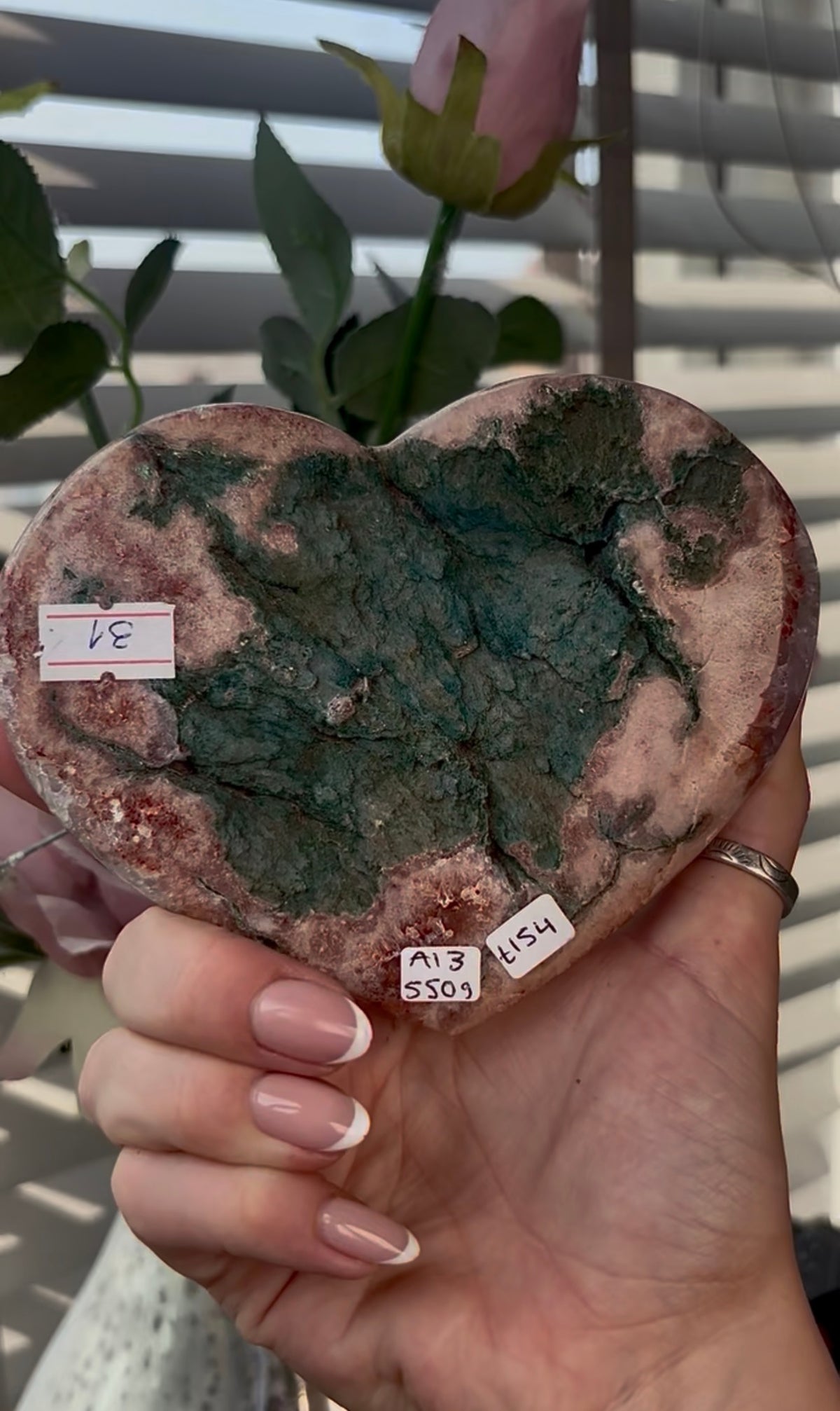 Gorgeous, high quality, pink amethyst heart with Jasper - comes with stand