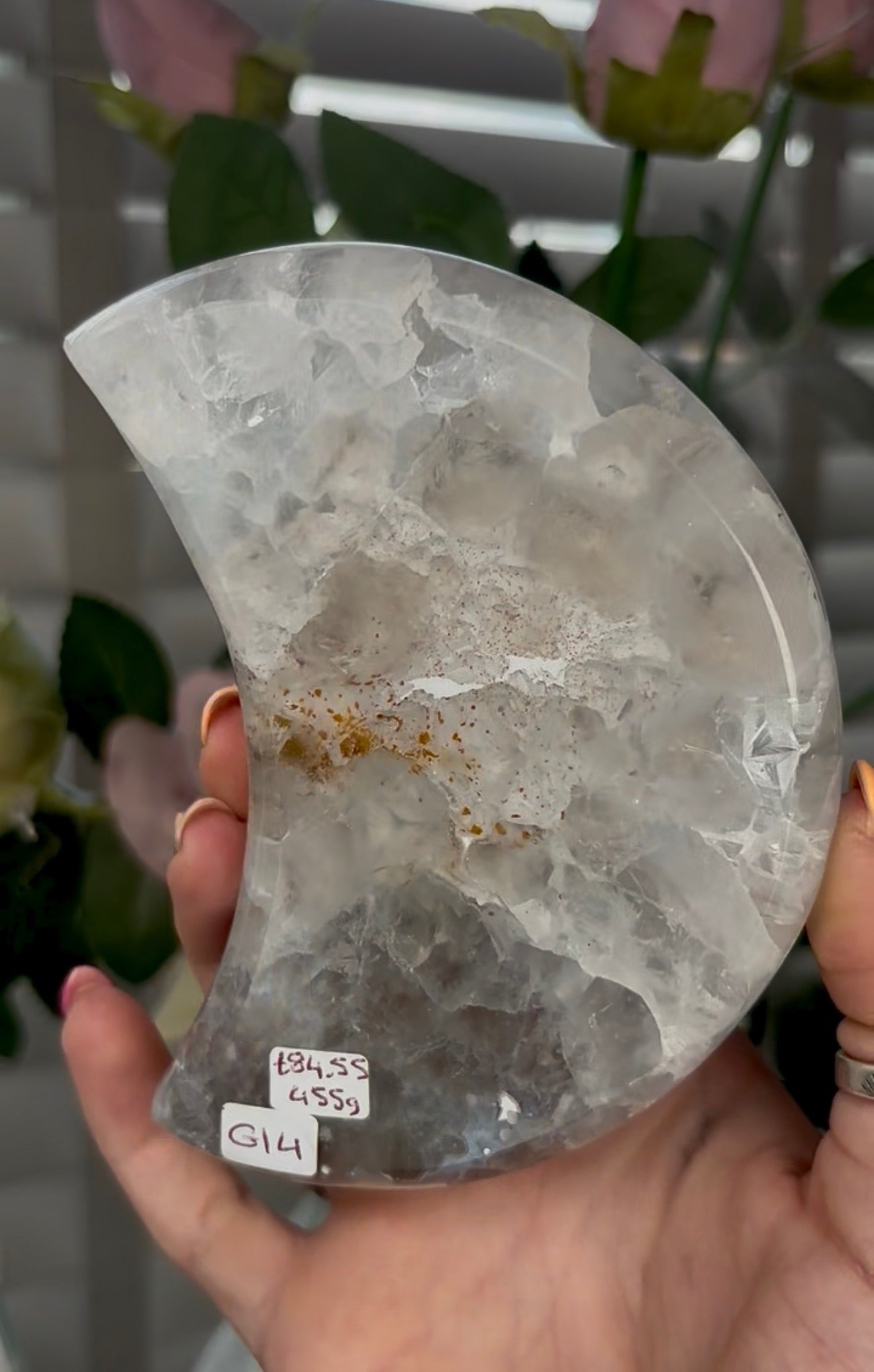 Beautiful, high quality, agate moon with druzy - stand included
