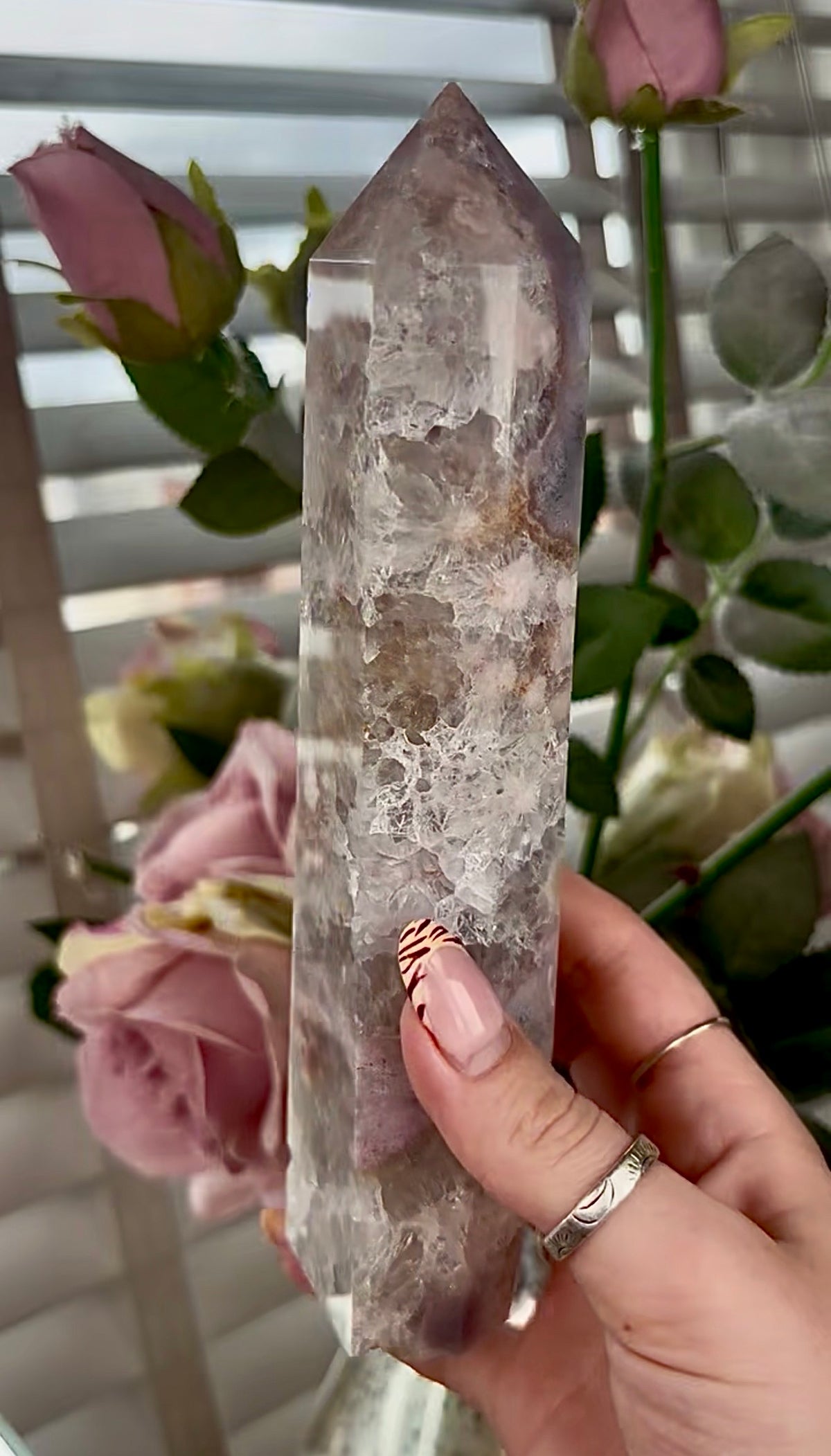 Stunning!! Super high quality, Druzy, green chlorite x blue flower agate tower