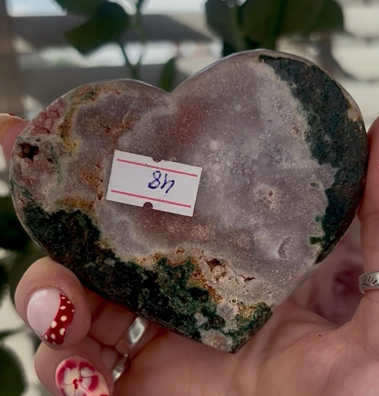 pink amethyst heart with jasper - comes with stand
