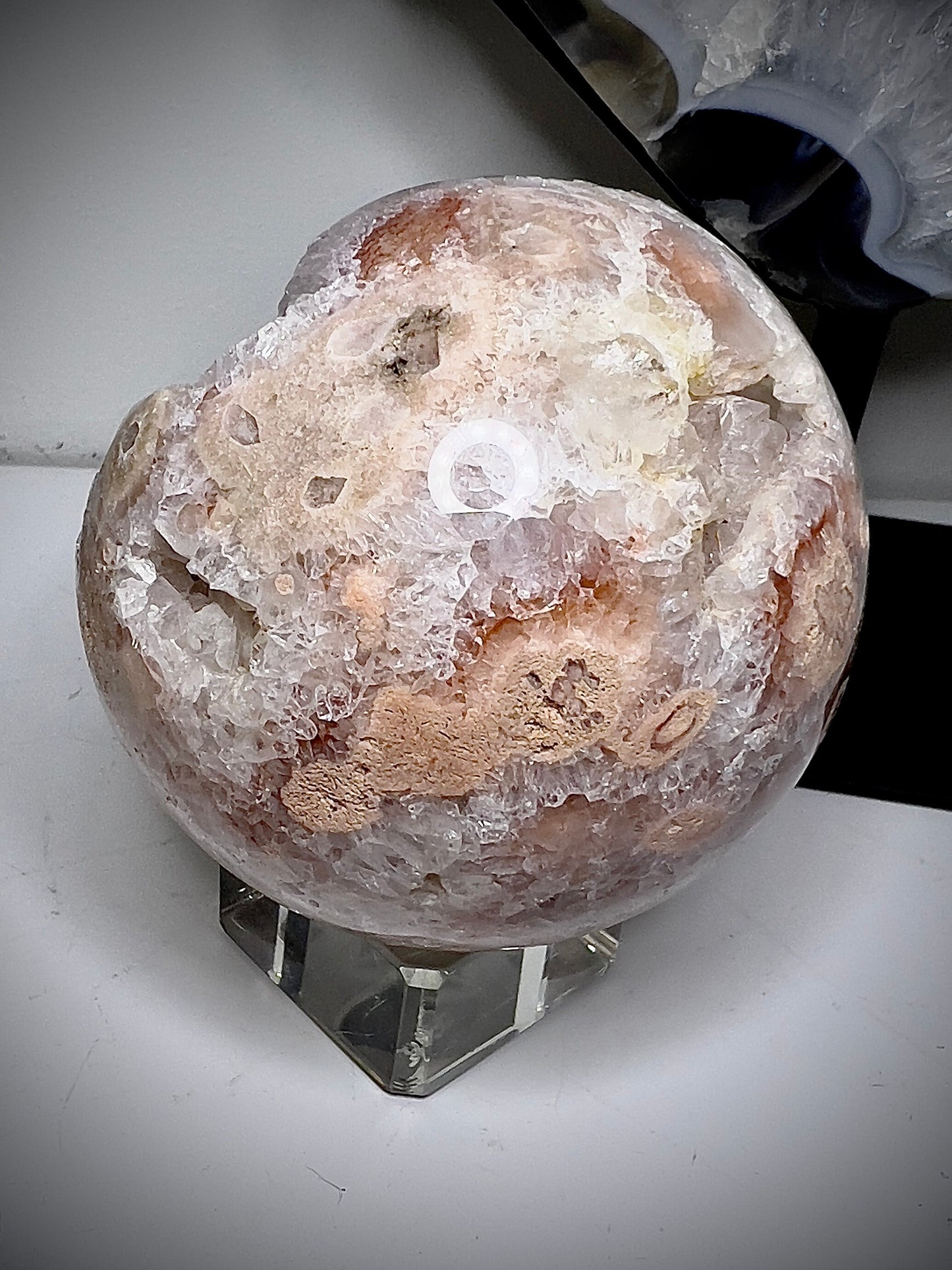 Amethyst x bright pink flower agate “open mouthed druzy” sphere 395g 7cm