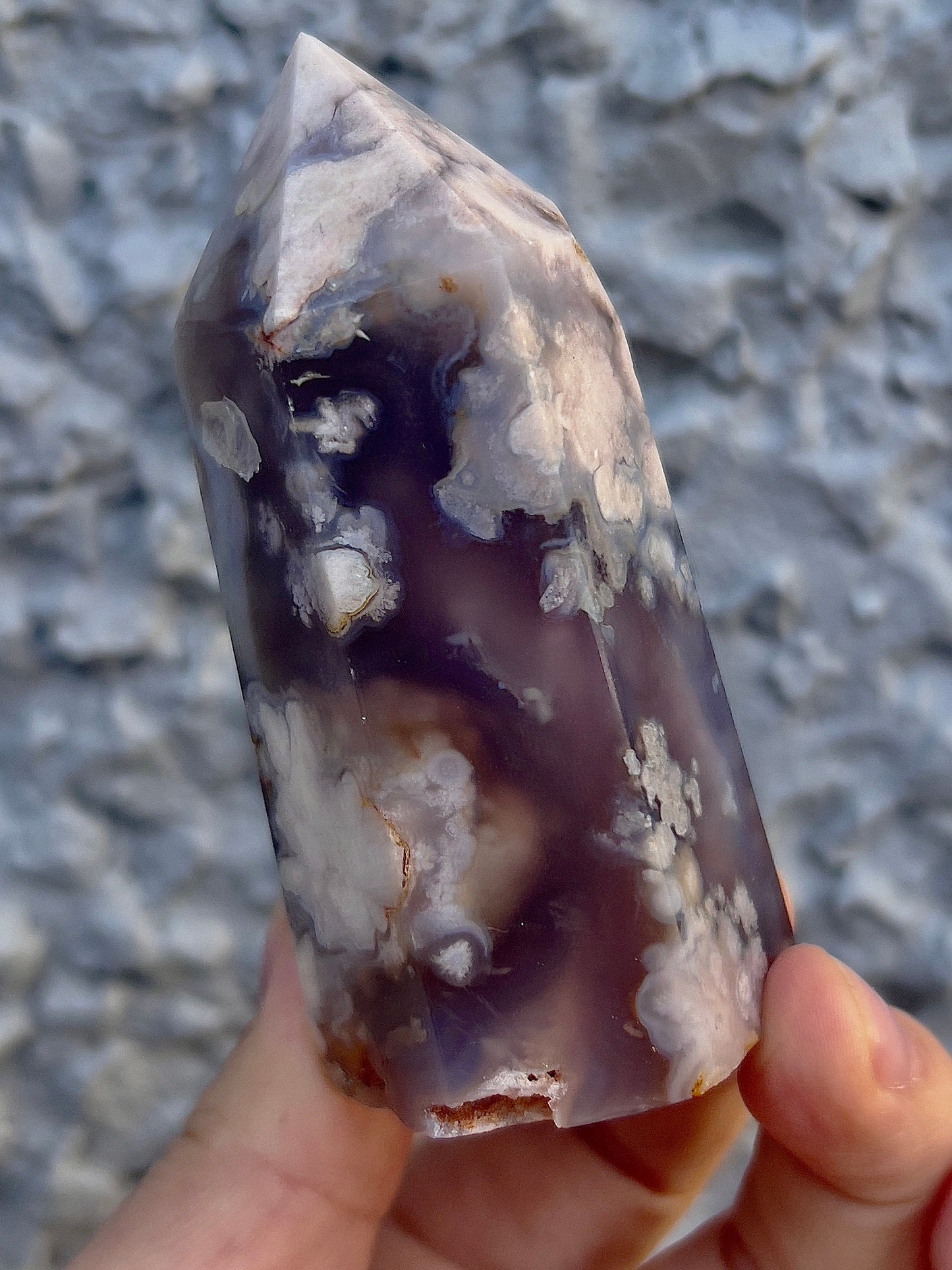 black flower agate tower with pink amethyst