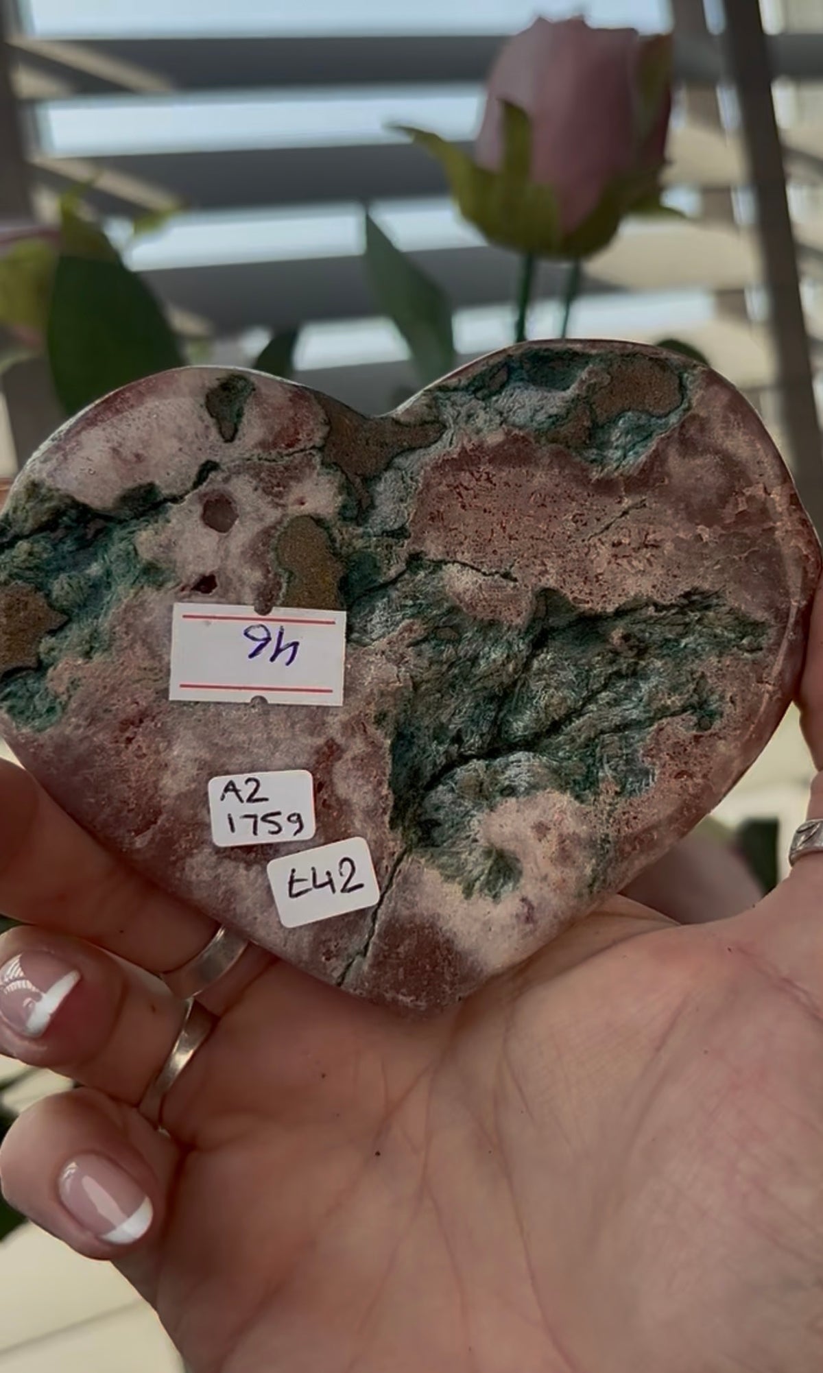 Gorgeous, pink amethyst heart with Jasper - comes with stand