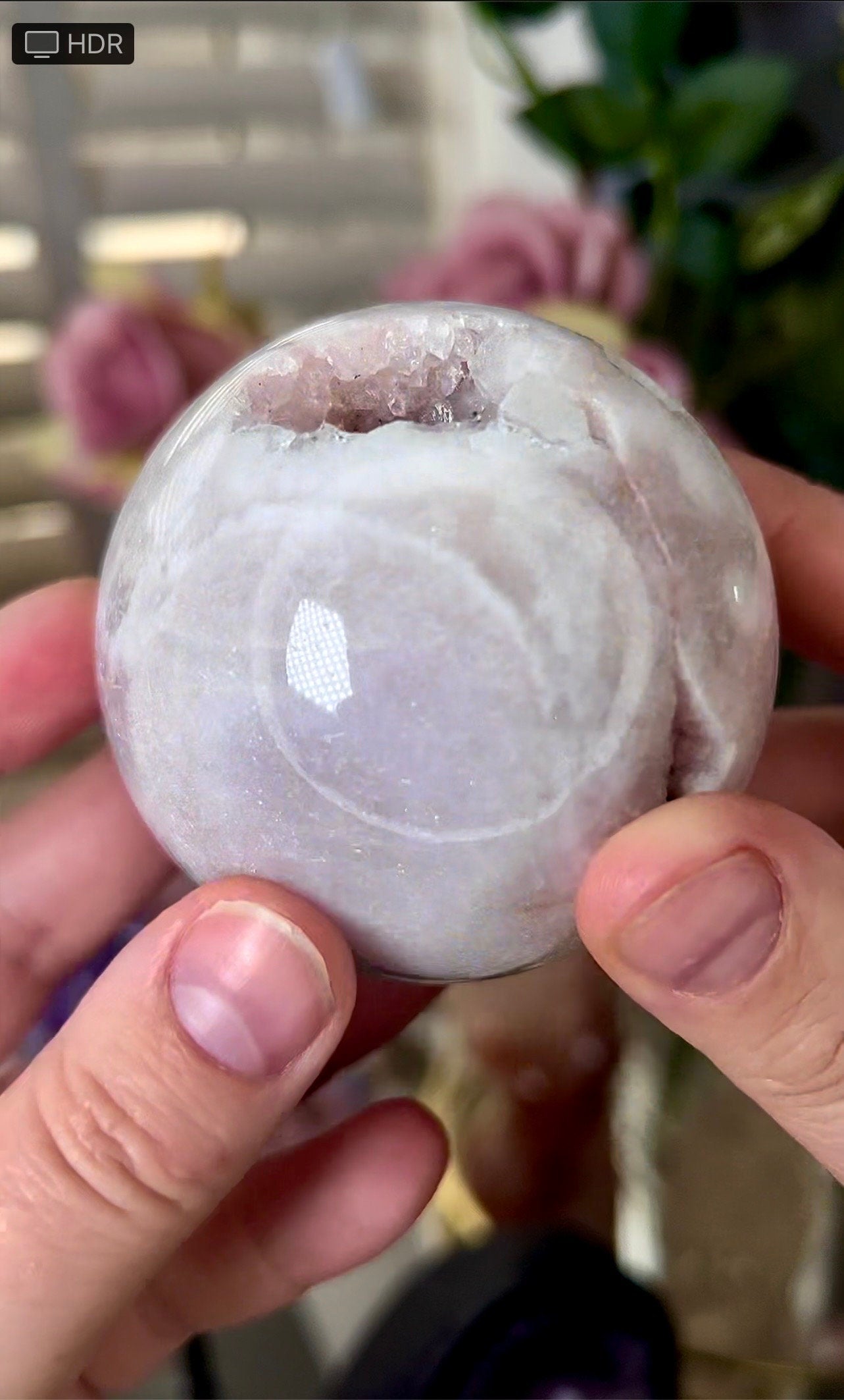 light pink amethyst sphere with chunky, druzy, teeth 380g