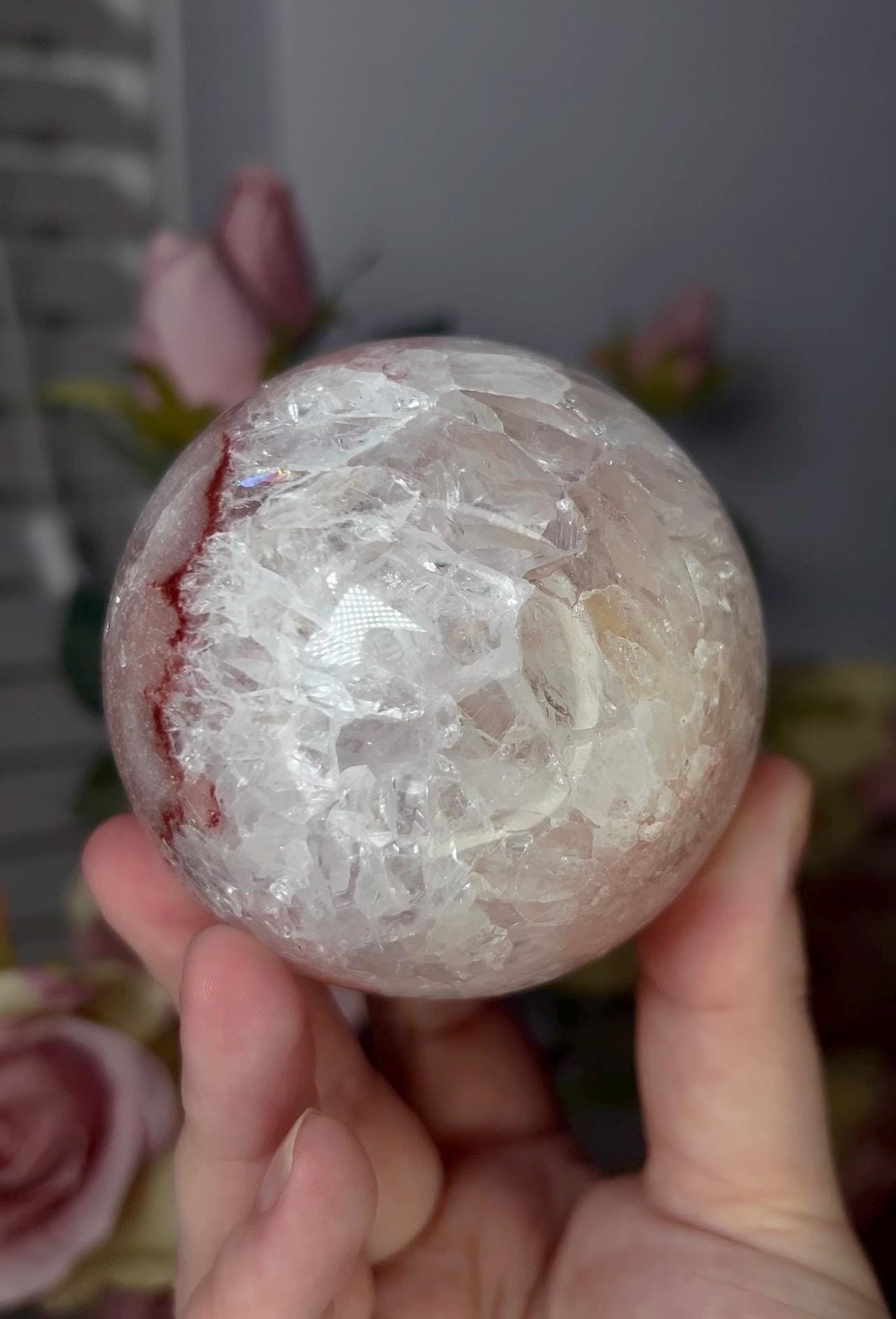 High grade, pink amethyst sphere with quartz 568g