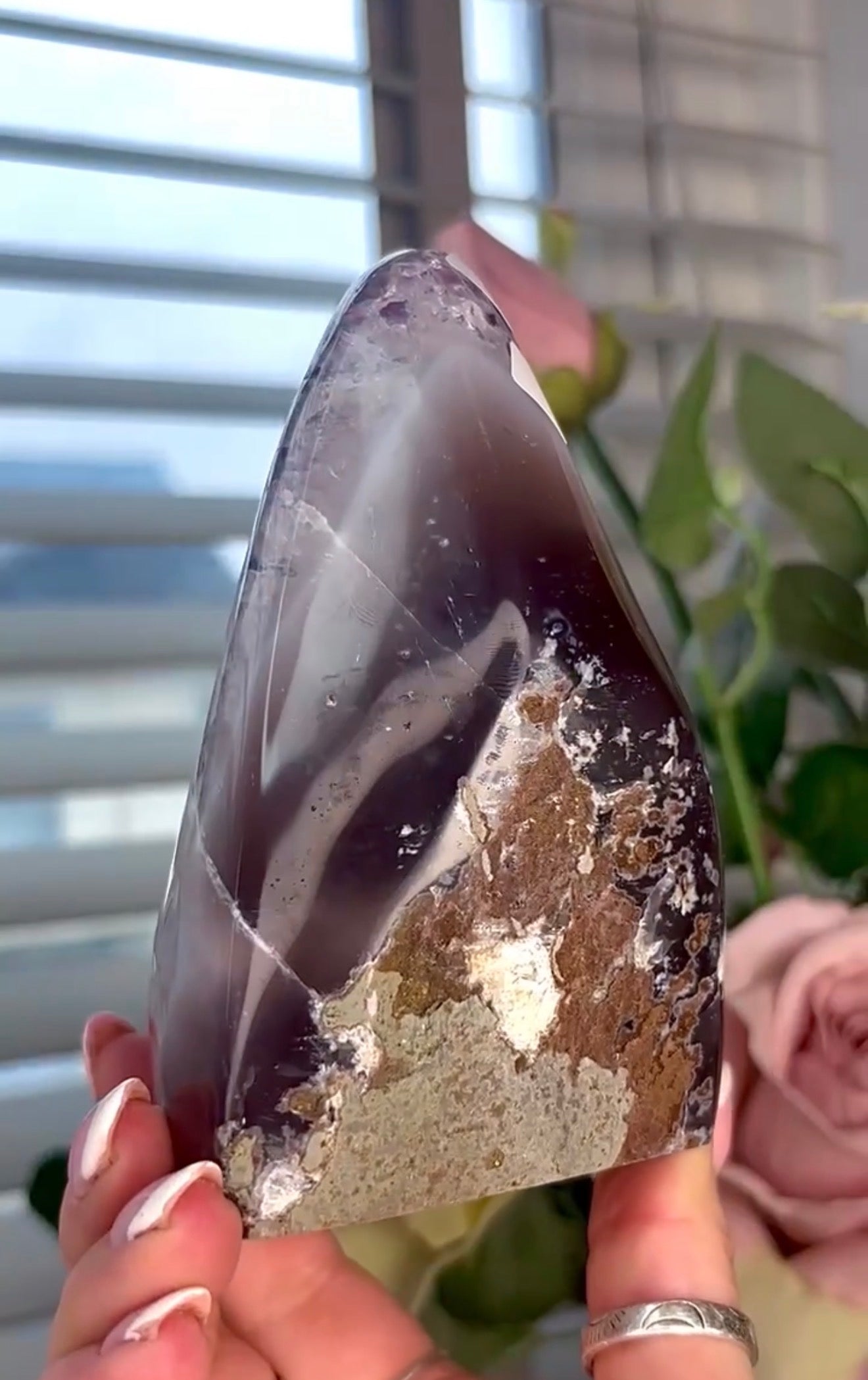 High quality, pink toned, rainbow amethyst on purple agate, cutbase