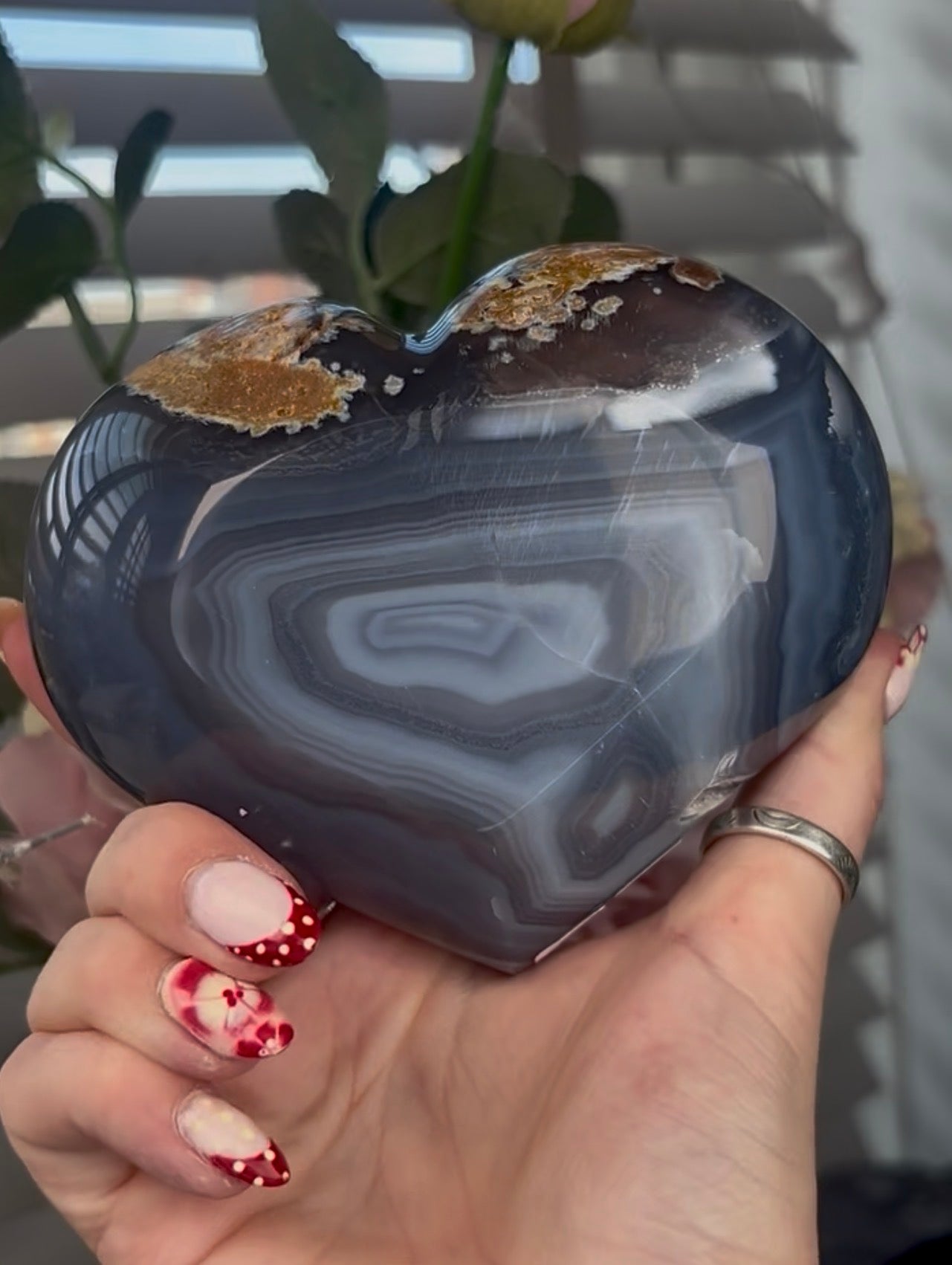 Beautiful, high quality, blue agate heart with druzy - stand included
