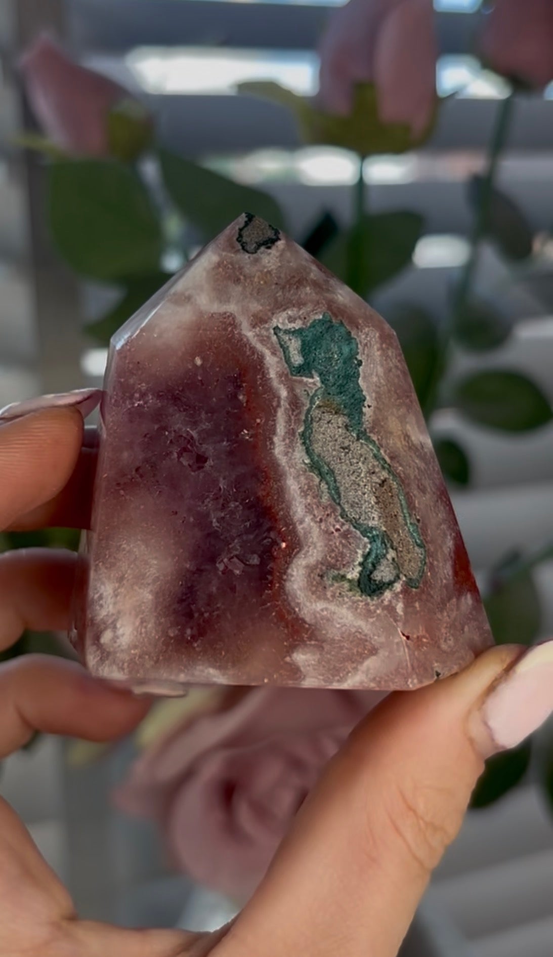 Beautiful, high quality, Pink amethyst tower with purple quartz & Green jasper
