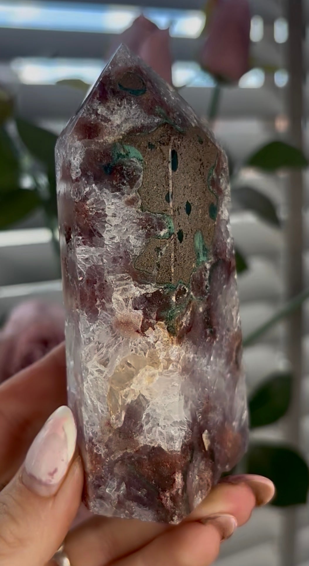 Beautiful, high quality, Pink amethyst tower with quartz & flower formations