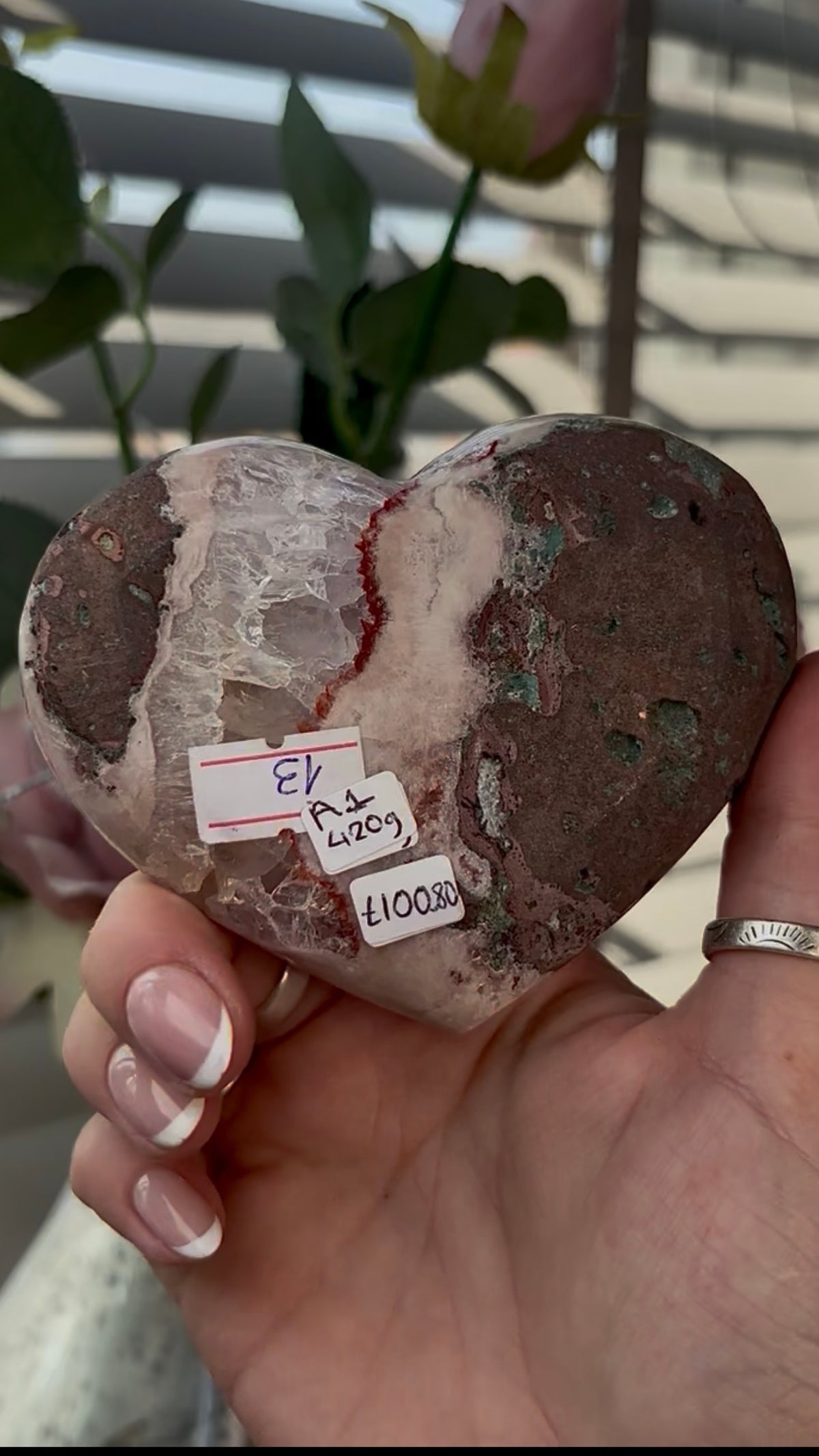 Gorgeous, high quality, pink amethyst heart with Jasper - comes with stand